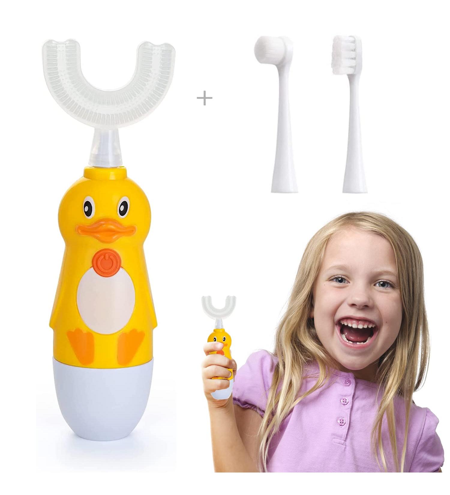 Caromolly Kids Electric U-Shaped Toothbrush - 360 Cleaning, 3 Brush Heads, Ages 7-12 - Cartoon Modeling, Yellow (3-Piece Set) - Buy Online on GoSupps.com