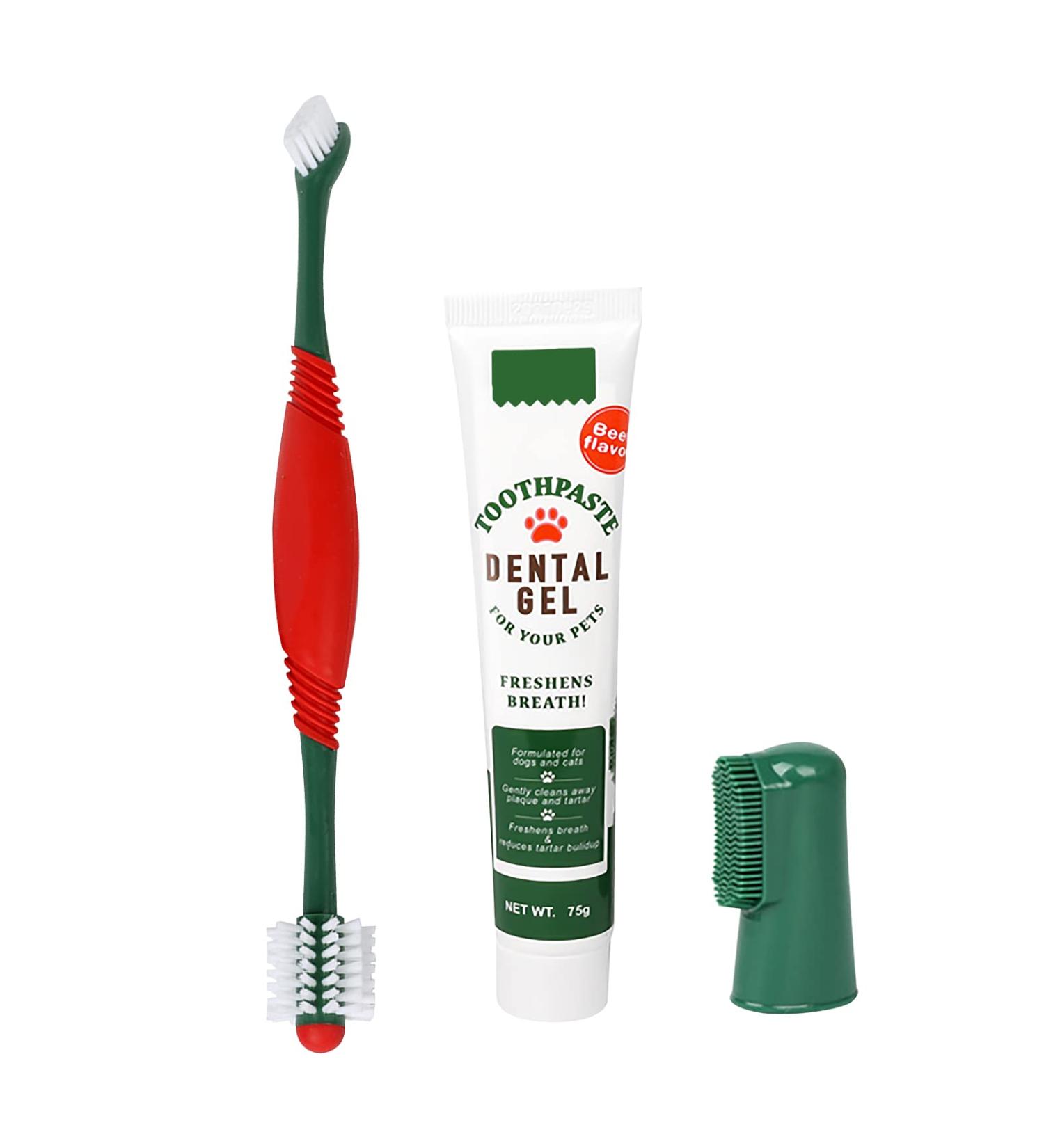 3-Part Dog & Cat Dentures - Complete Pet Tooth Care Set with Toothbrush Toothpaste & Massage Brush | 360 Fresh Breath & Plaque Remover - Beef Flavor - Buy Online on GoSupps.com