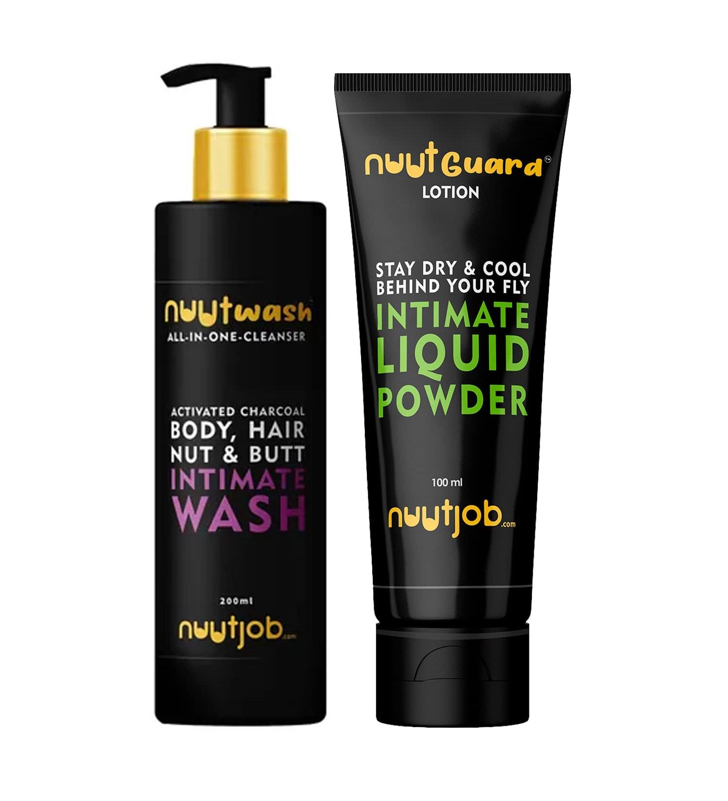 Nuutjob Men Intimate Wash & Hygiene 300ml Combo pack | Intimate and Hygiene Wash+ Intimate Liquid Powder with Plant Extracts| Paraben Free | Prevents Wetness Irritation Itching and Bad Smell - Buy Online on GoSupps.com