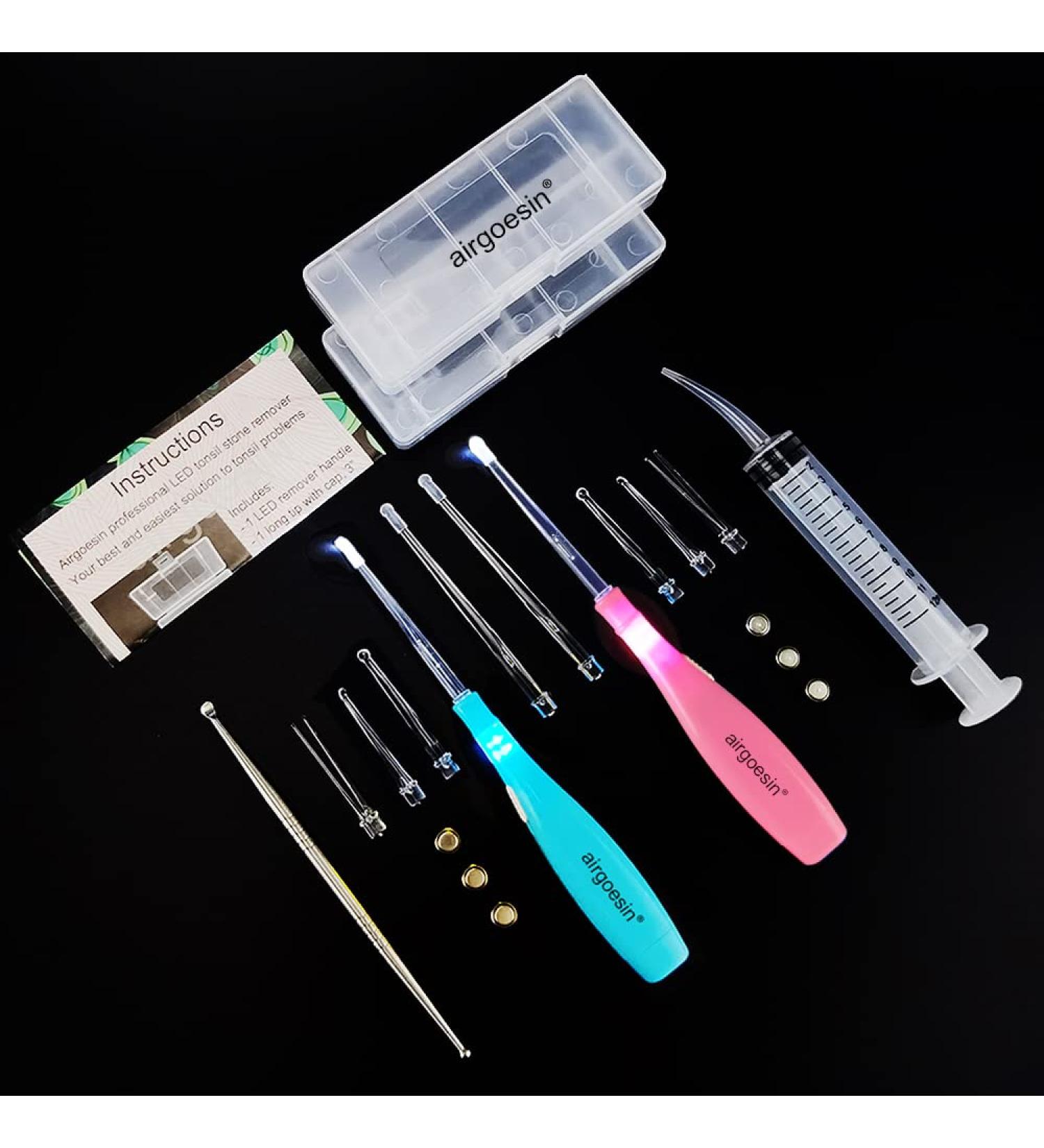 Airgoesin Tonsil Stone & Earwax Remover Kit with LED Tool - 2 Sets, Stainless Steel Pick, Oral Syringe, Irrigation Ear Syringe - Blue/Pink - Buy Online on GoSupps.com