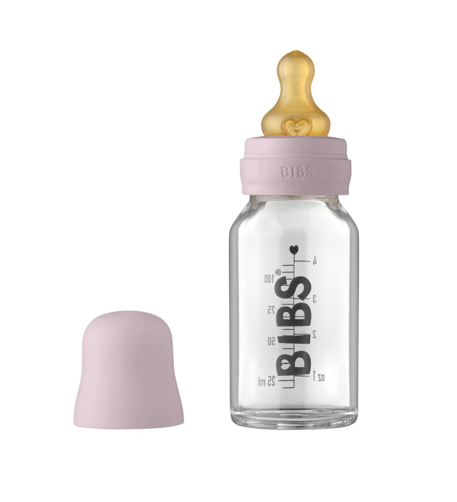 BIBS Baby Glass Bottle 110ml Dusky Lilac Complete Set | Anti-colic with Round Natural Rubber Latex Nipple for Natural Breastfeeding - Buy Online on GoSupps.com