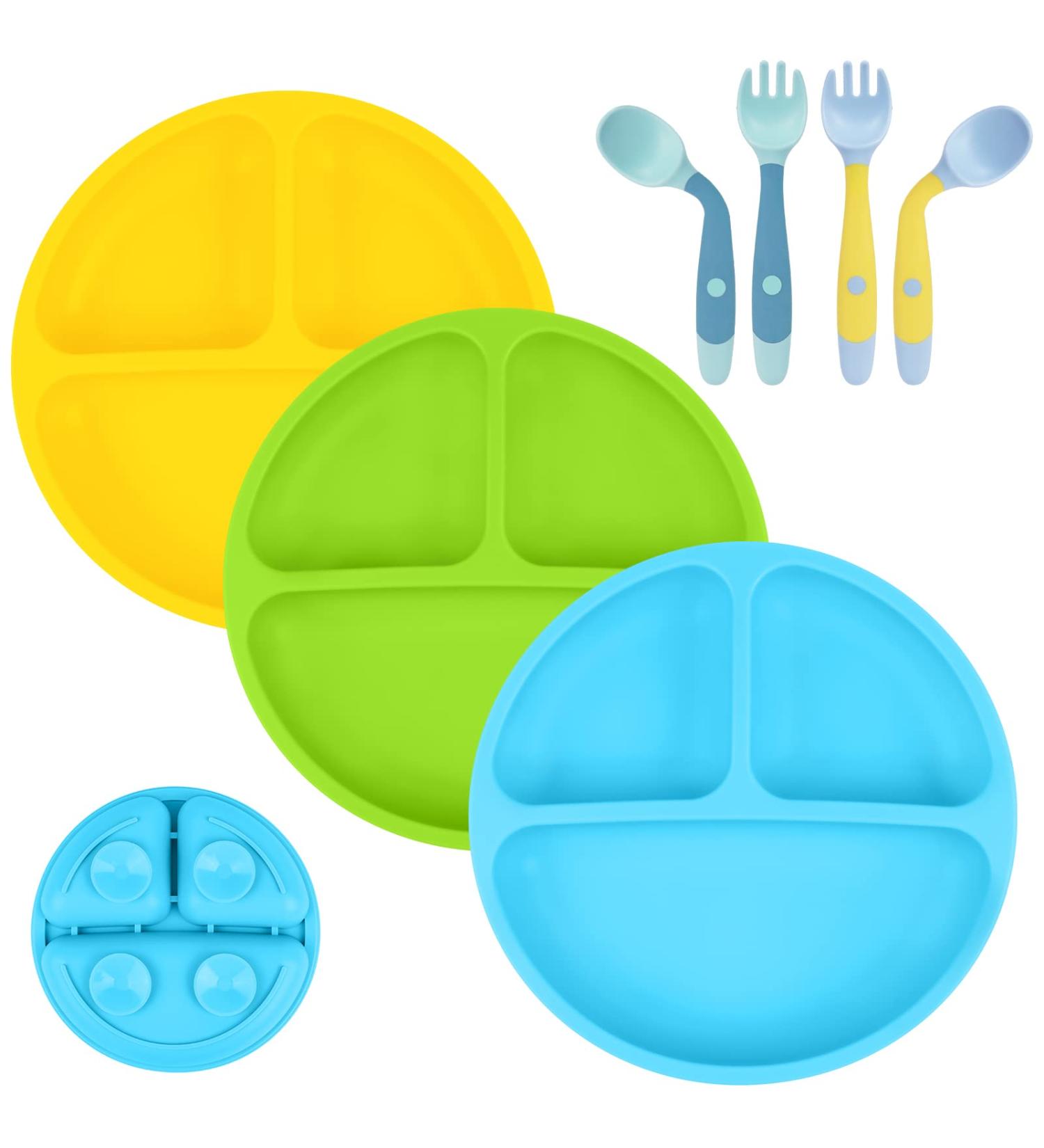 Vicloon 3Pcs Silicone Baby Suction Plates Set - Non Slip Divided Dishes for Toddler Self Feeding - Fits Most Highchairs - Blue/Green/Yellow - Buy Online on GoSupps.com