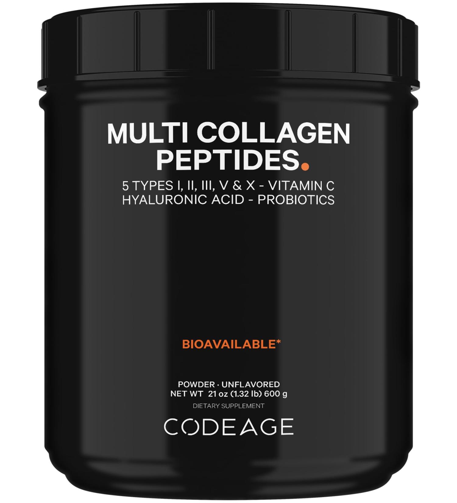 Codeage Multi Collagen Peptides + Probiotics Black Edition Vitamin C Hyaluronic Acid Powder Supplement Grass-Fed Pasture-Raised Hydrolyzed Zero Carbs Type I II III V & X Unflavored 21oz - Buy Online on GoSupps.com