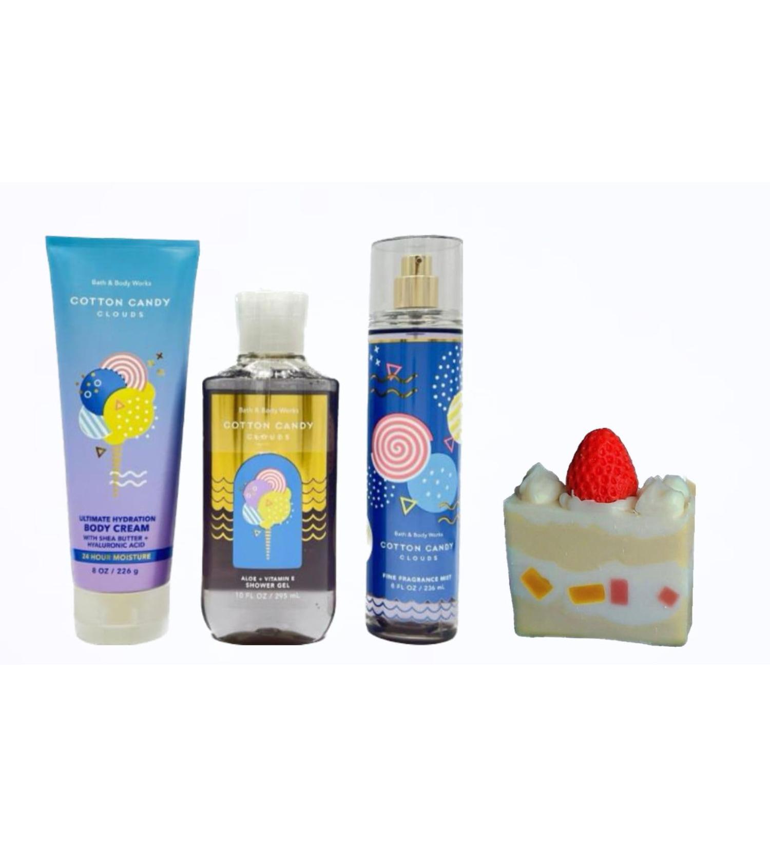 Bath & Body Works-COTTON CANDY CLOUDS - 3 Piece Bundle - Fragrance Mist - Body Cream - Shower Gel and Strawberry Cake Soap Natural - Buy Online on GoSupps.com