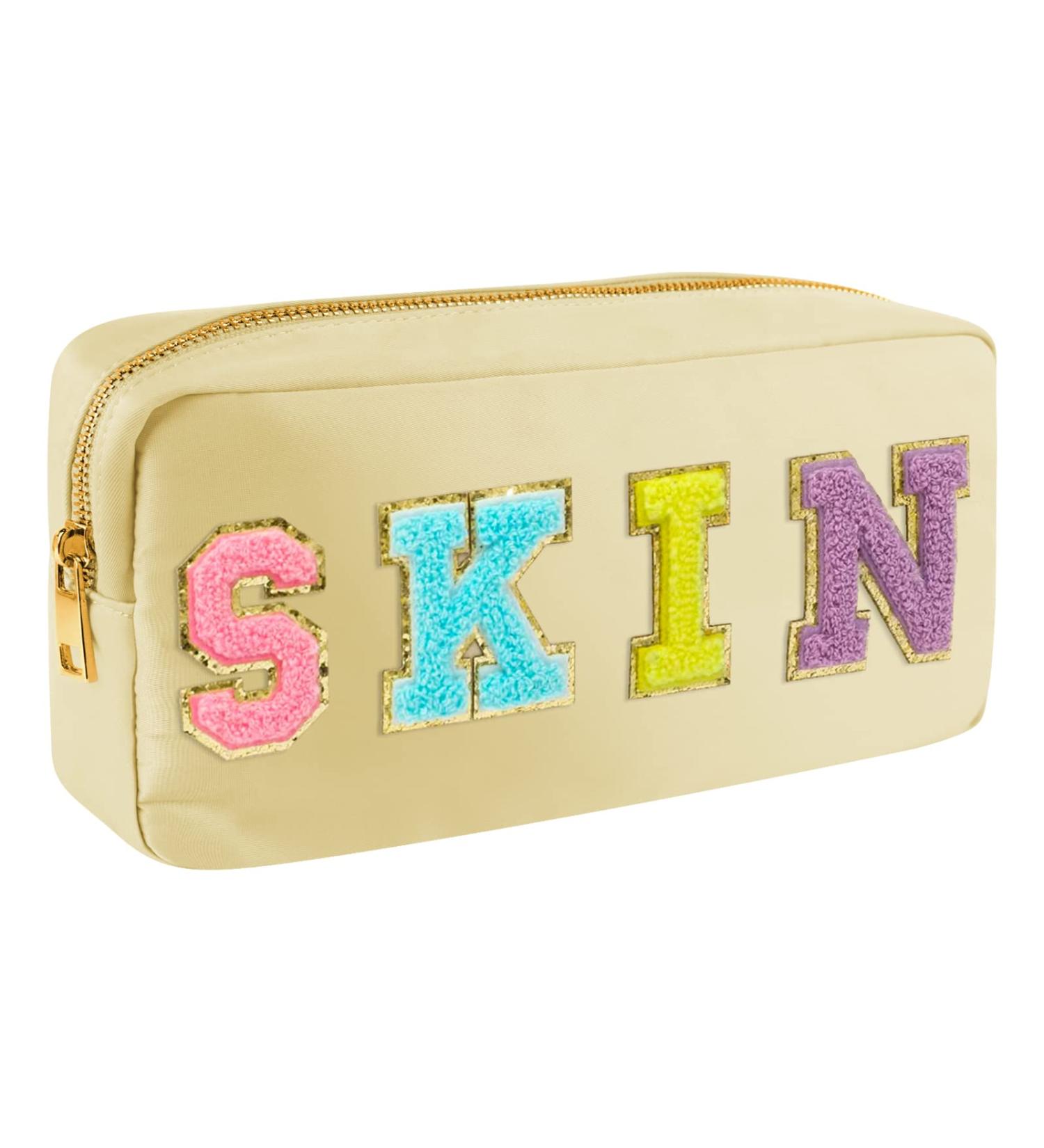 Chenille Letter Nylon Waterproof Makeup Bag for Women - Beige-Skin Travel Organizer Pouch for Toiletries and Cosmetics - Buy Online on GoSupps.com