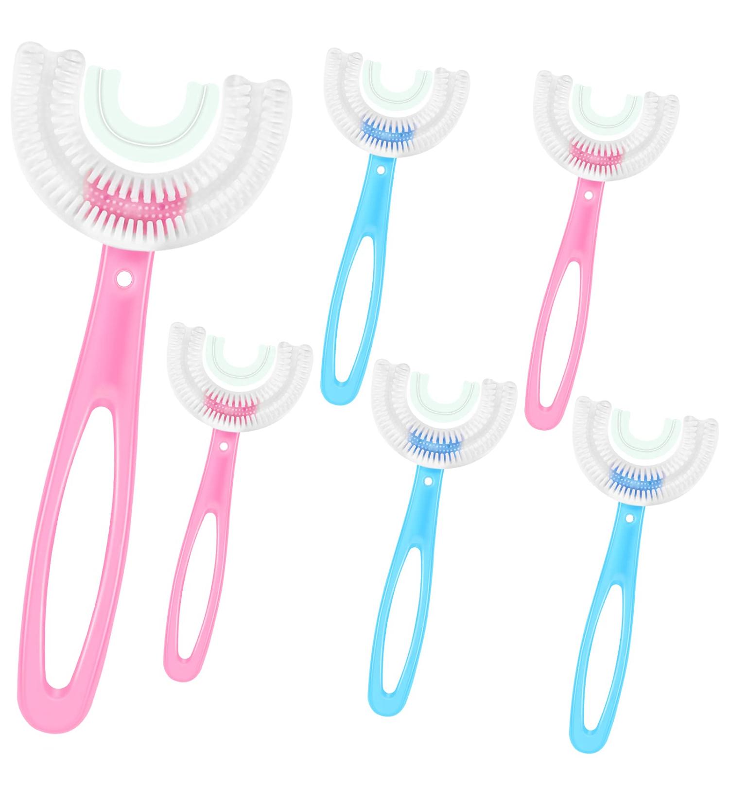 6 Pack Kids U-Shaped Silicone Toothbrushes for Ages 2-8 | Manual Training Toothbrush with Long Handle | Whole Mouth Clean | Blue Pink - Buy Online on GoSupps.com