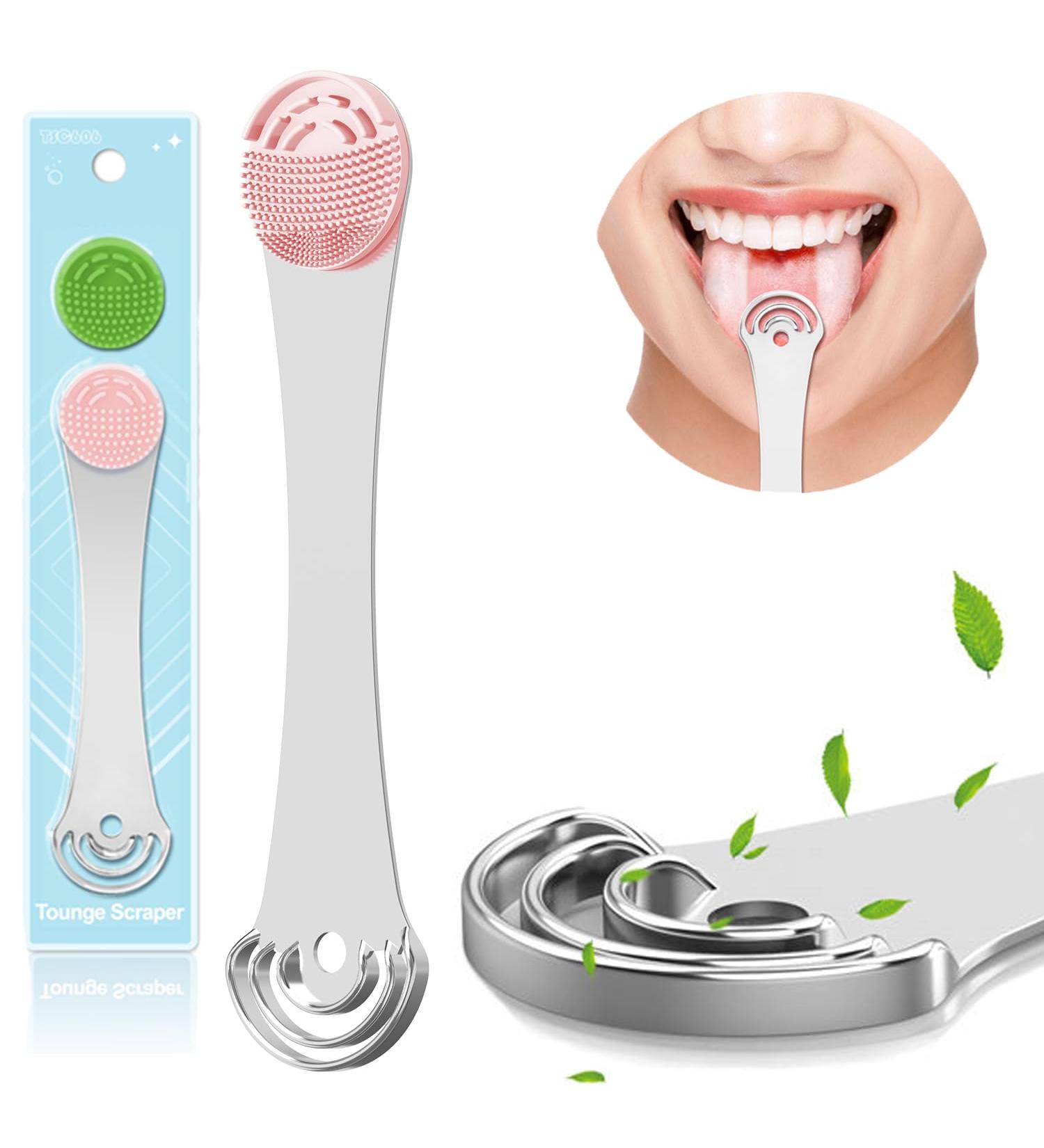 Dual-Head Silicone Tongue Scraper for Bad Breath & Oral Hygiene - Pink - Buy Online on GoSupps.com