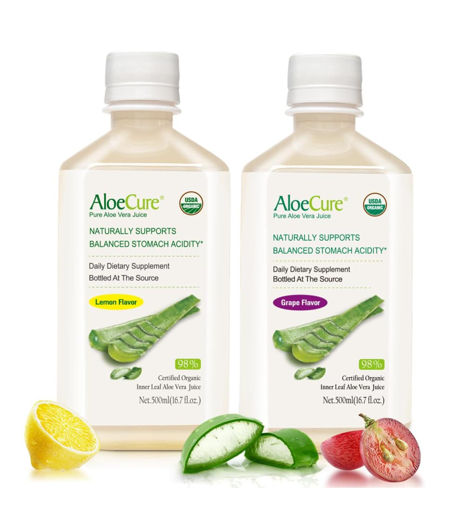 AloeCure Organic Aloe Vera Juice - 2 Bottle Sample Pack - Lemon and Grape Flavor - 2x500ml - Buy Online on GoSupps.com