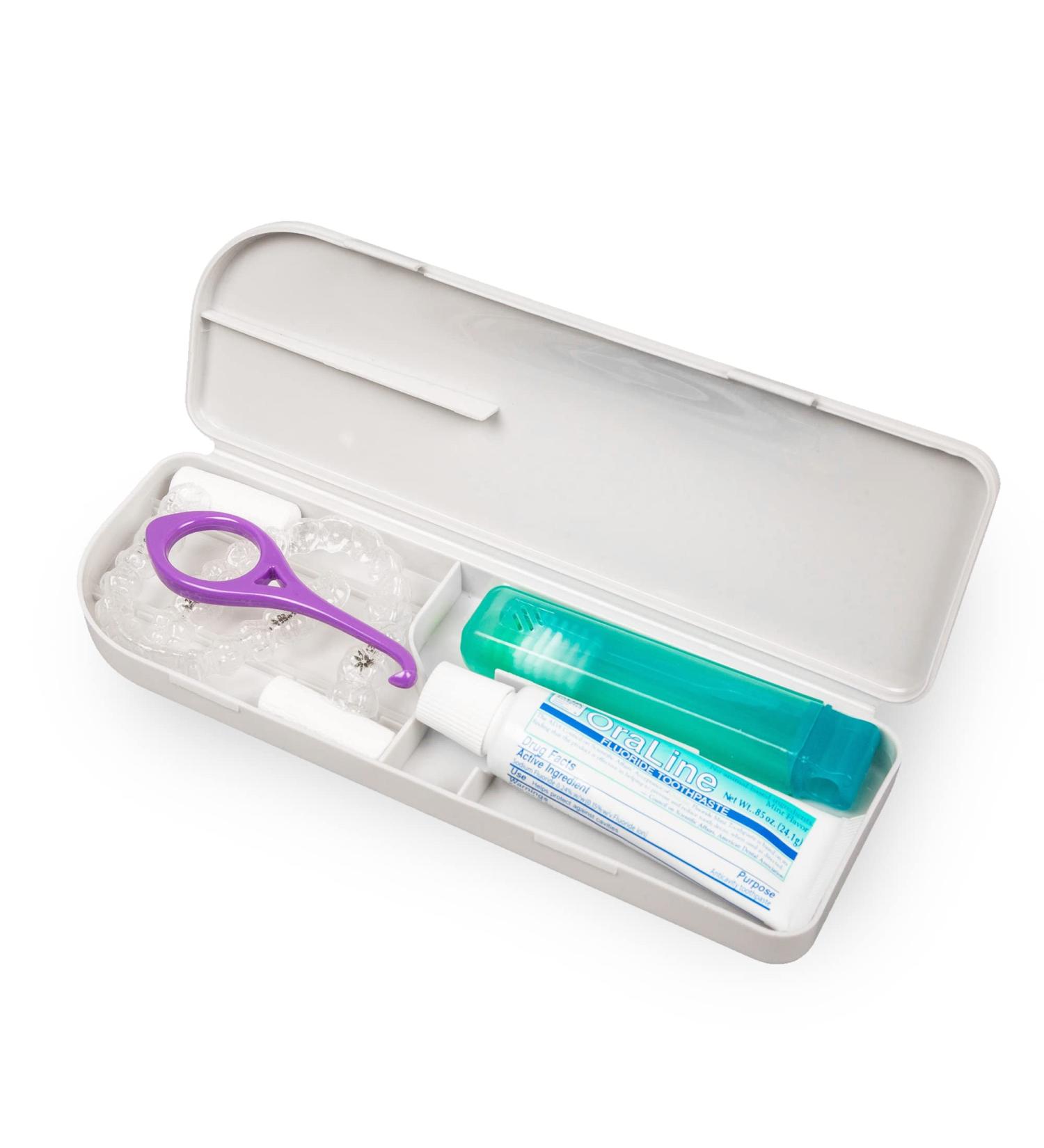 Dental Retainer Travel Case with Aligner Removal Tool - Compact Holder for Retainers, Partial Dentures, Guards, Aligners - Includes Toothbrush & Toothpaste Box - Buy Online on GoSupps.com