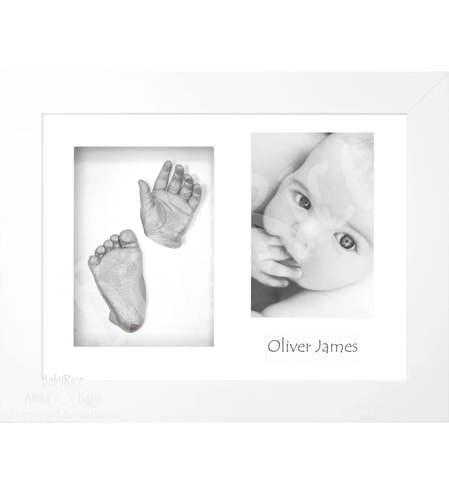 BabyRice Baby Casting Kit - 12x9 Shadow Box Display Frame, Silver Paint - Hand & Foot Casts (White/White) - Buy Online on GoSupps.com