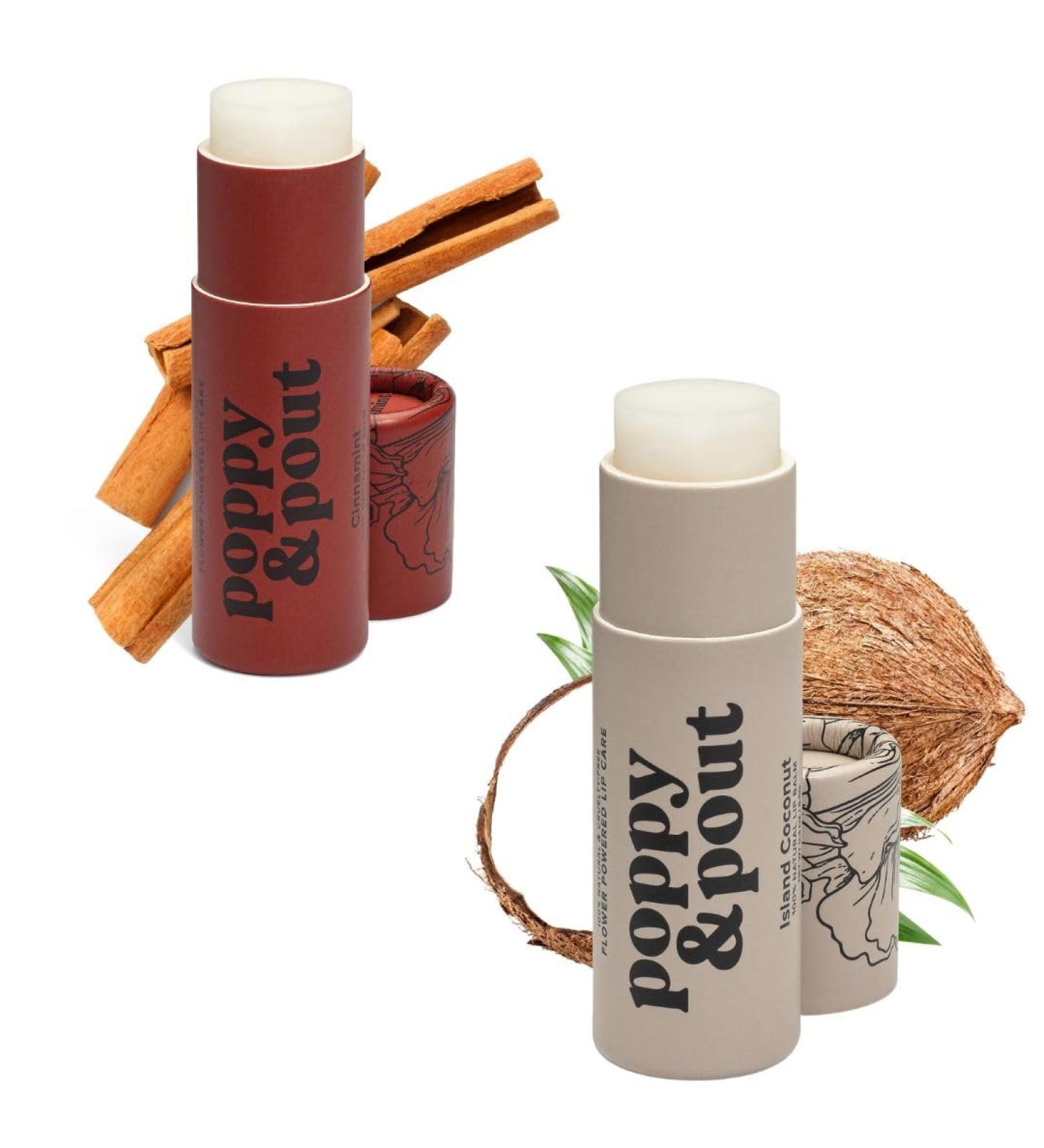 Poppy & Pout Jumbo Lip Balm 2 Pack All Natural Lip Balms & Moisturizers Hydrates with Beeswax Vitamin E Organic Coconut Island Coconut & Cinnamint - Buy Online on GoSupps.com