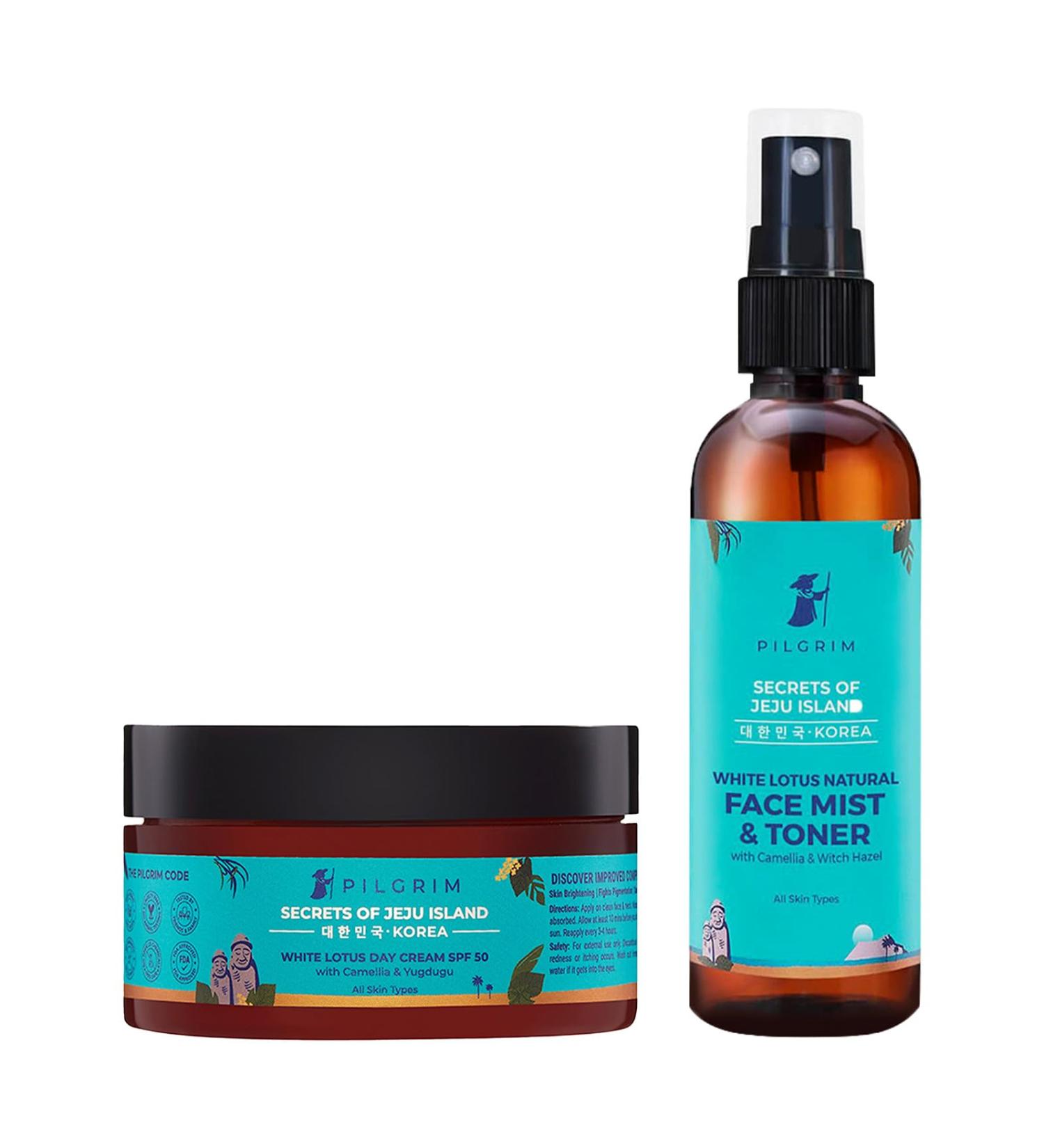 Pilgrim Korean White Lotus Day Cream SPF 50 (PA+++) & Face Mist & Toner With Camelia & Yugdugu | Skin Brightening |Reduces Fine Lines & Wrinkles| Deep Nourishment|Fights Pigmentation - Buy Online on GoSupps.com