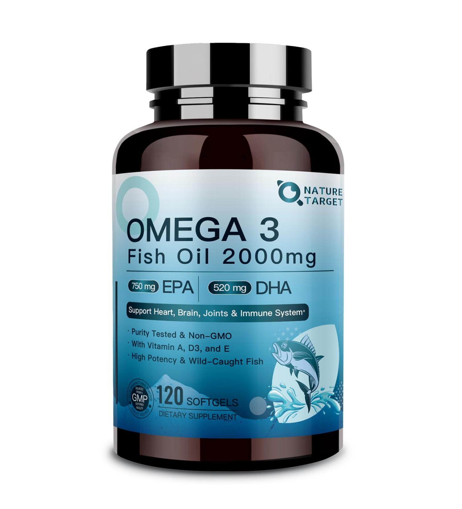 NATURE TARGET Omega 3 Fish Oil 2000mg Softgels with Vitamin D3 & E & A - EPA & DHA- Max-Absorption, Supports Heart, Brain & Immune Health, Non-GMO, 120 Softgels 120 Count (Pack of 1) - Buy Online on GoSupps.com