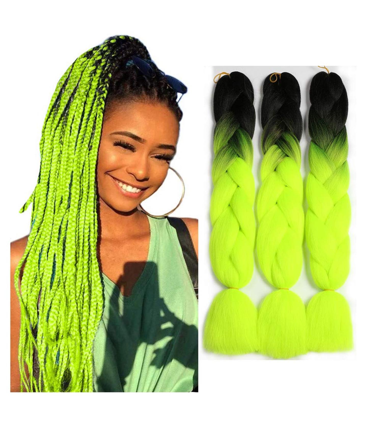 Showjarlly 24 Kanecalon Hair Braids Extension - Ombre Jumbo Braid Hair (3 Pack) Black/Yellow Green - Premium Kunsthaar for Stylish Hairstyles - Buy Online on GoSupps.com