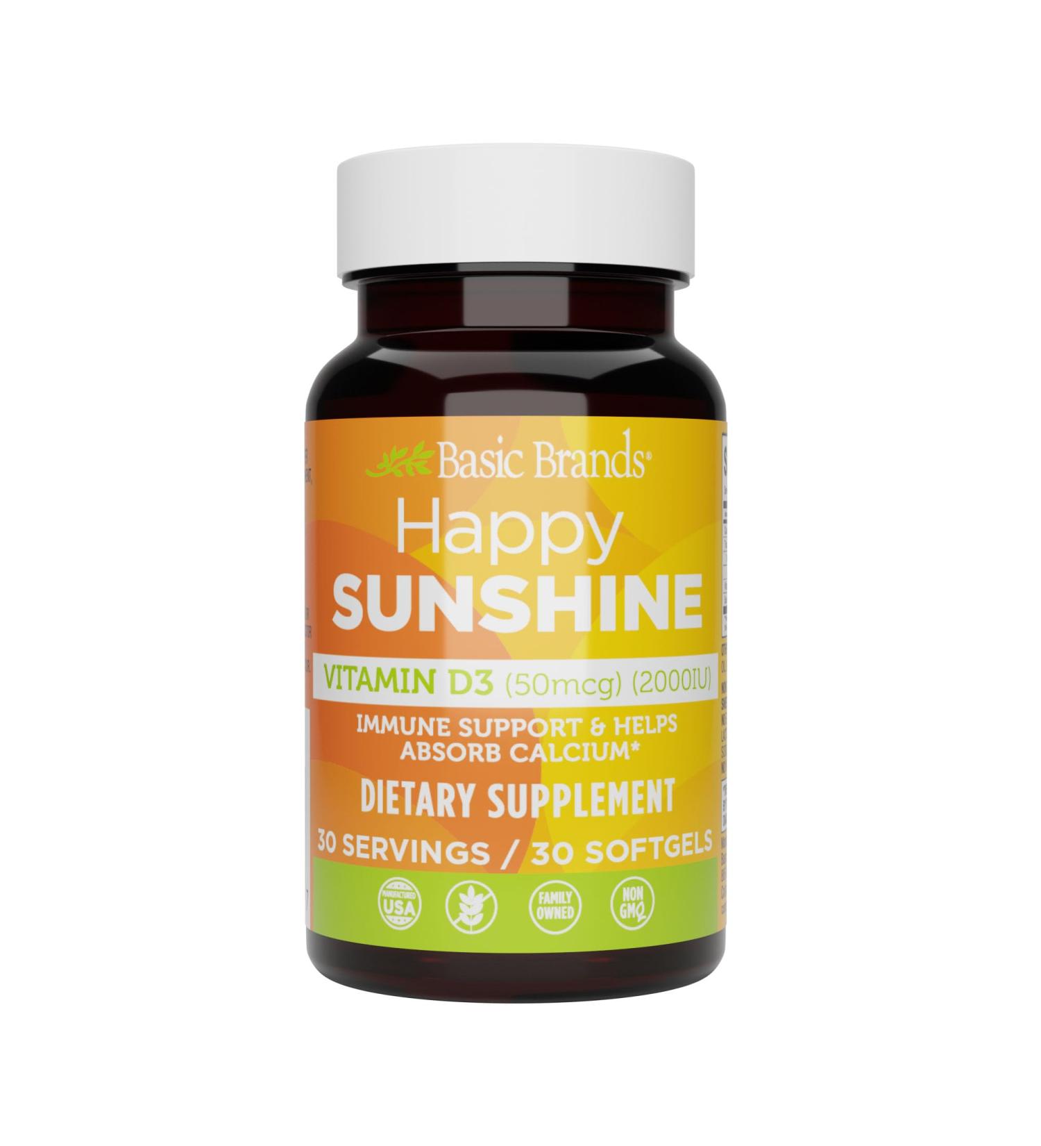 Basic Brands Happy Sunshine Vitamin D3 2000IU 30 Count - Buy Online on GoSupps.com