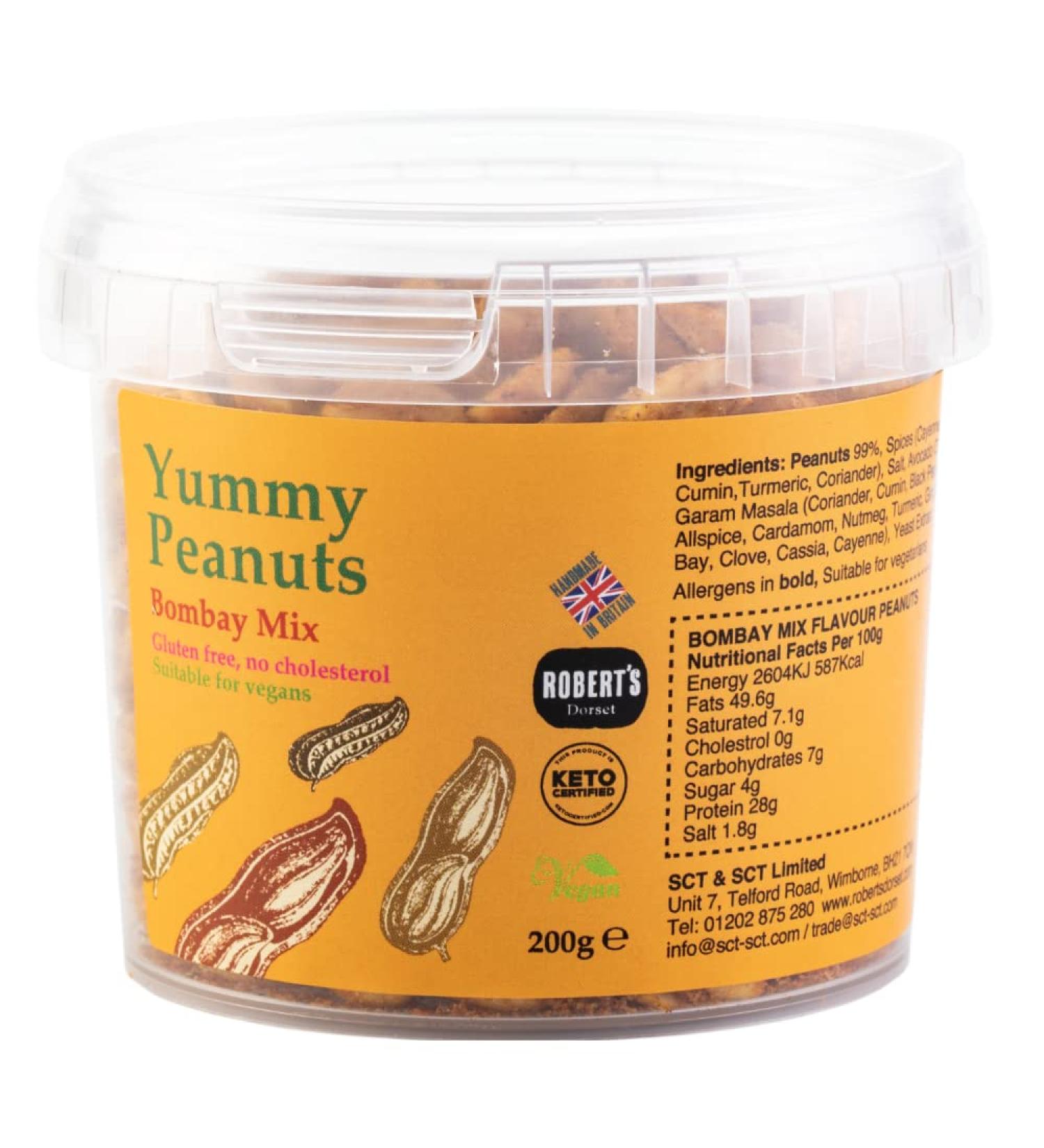 Yummy Peanut 200g Pots - Available in 13 Flavours - Gluten Free Vegan Low Carb High Protein Cholesterol Free - Handmade in Britain with Family Recipe (Bombay Mix)