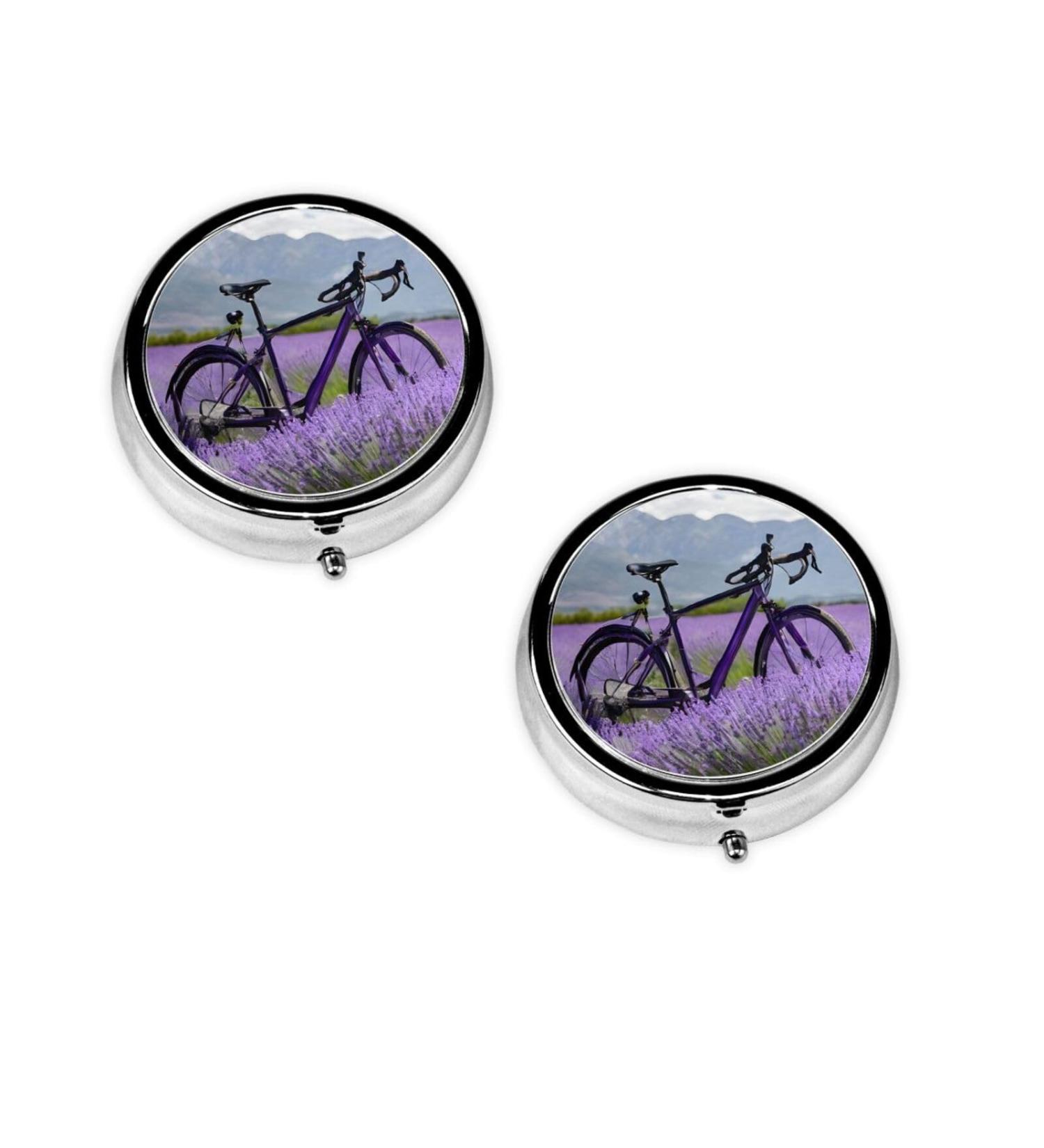 Lavender Field Mini Round Pill Box - 3 Compartment Portable Organizer for Travel Home & Office | Retro Bike Design - Buy Online on GoSupps.com