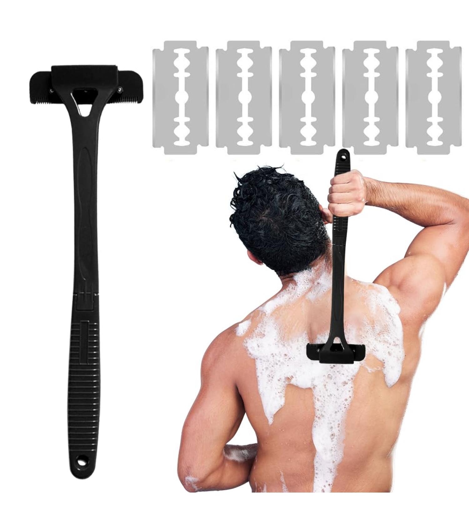 Zinueen Back Hair Remover - Foldable 45.5cm Razor Apparatus | Pain-Free DIY Shaving with 5 Double-Edged Refill Blades (Black) - Buy Online on GoSupps.com
