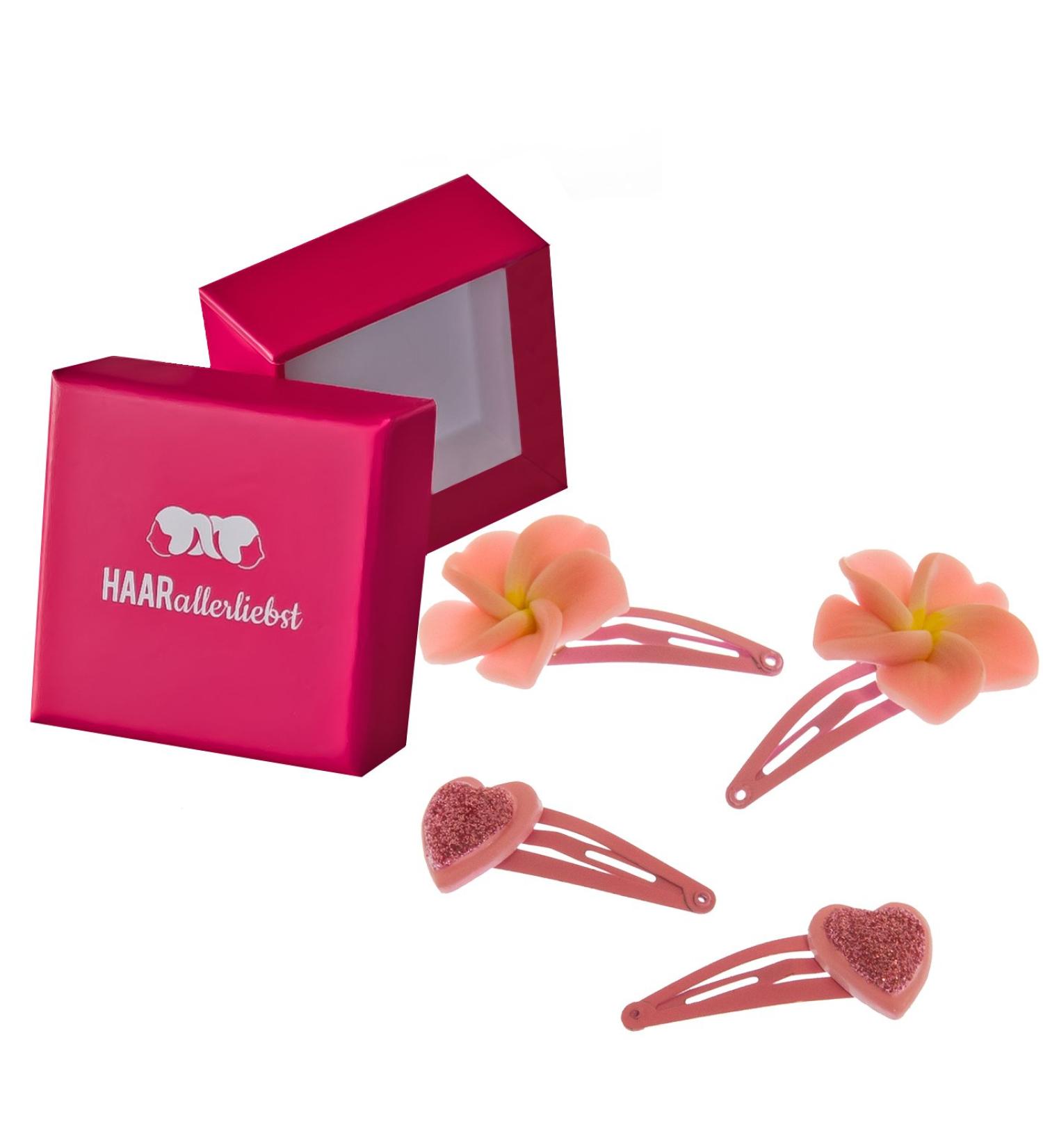 Hair -like hair clips set (4 pieces | large flower and glitter heart | pink pink) for girls including box for storage (box color: pink)
