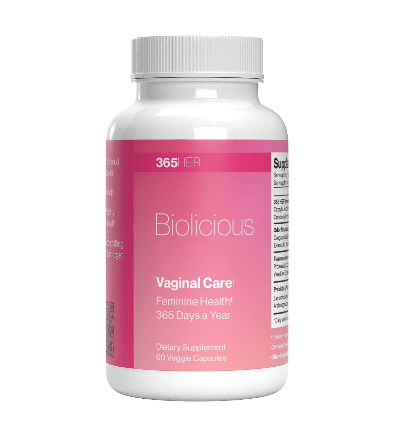 365 HER Biolicious Vaginal Care Supplement (60 Capsules) - Odor Neutralizer, UTI & BV Support - Prebiotics, Probiotics, Balance pH - Gluten-Free, Vegan - Buy Online on GoSupps.com