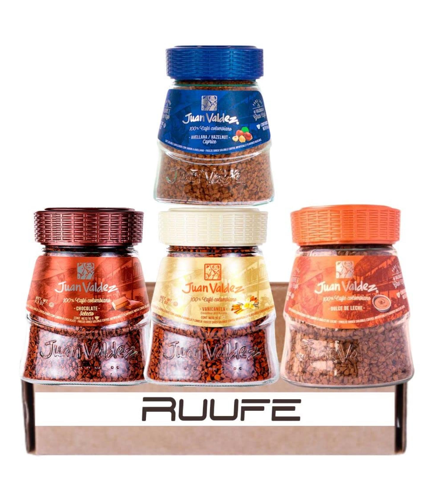 Juan Valdez Hazelnut Vanilla Cinnamon Chocolate & Dulce de Leche Flavor Instant Coffee (4 pack) (95gr/3.3 Oz) Caf Juan Valdez Soluble Liofilizado de Avellana vainilla canela y chocolate - Buy Online on GoSupps.com