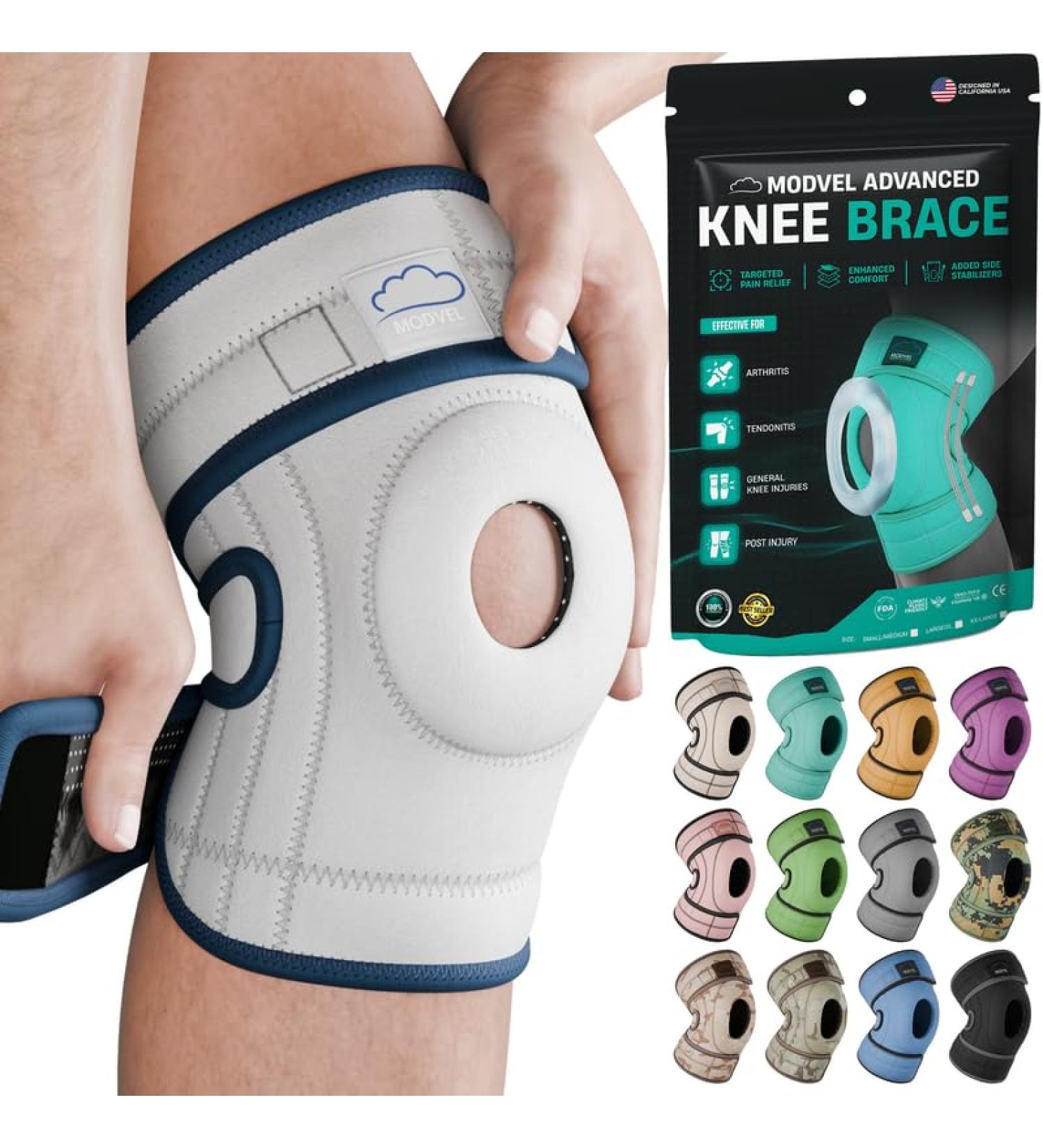 Modvel ELITE Knee Brace - Adjustable Support with Side Stabilizers & Gel Pads for Pain Relief & Fast Recovery | S-M Grey/Blue for Men & Women - Buy Online on GoSupps.com