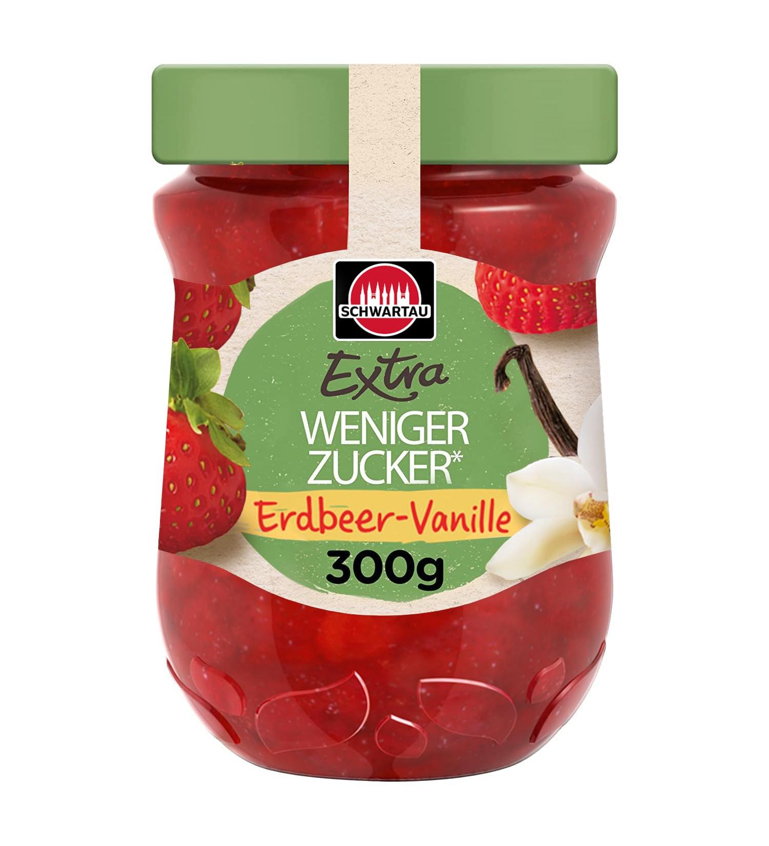 Schwartau Extra Less Sugar Strawberry-Vanilla Fruit Spread 300g | Reduced Sugar Jam for Healthy Snacking - Buy Online on GoSupps.com