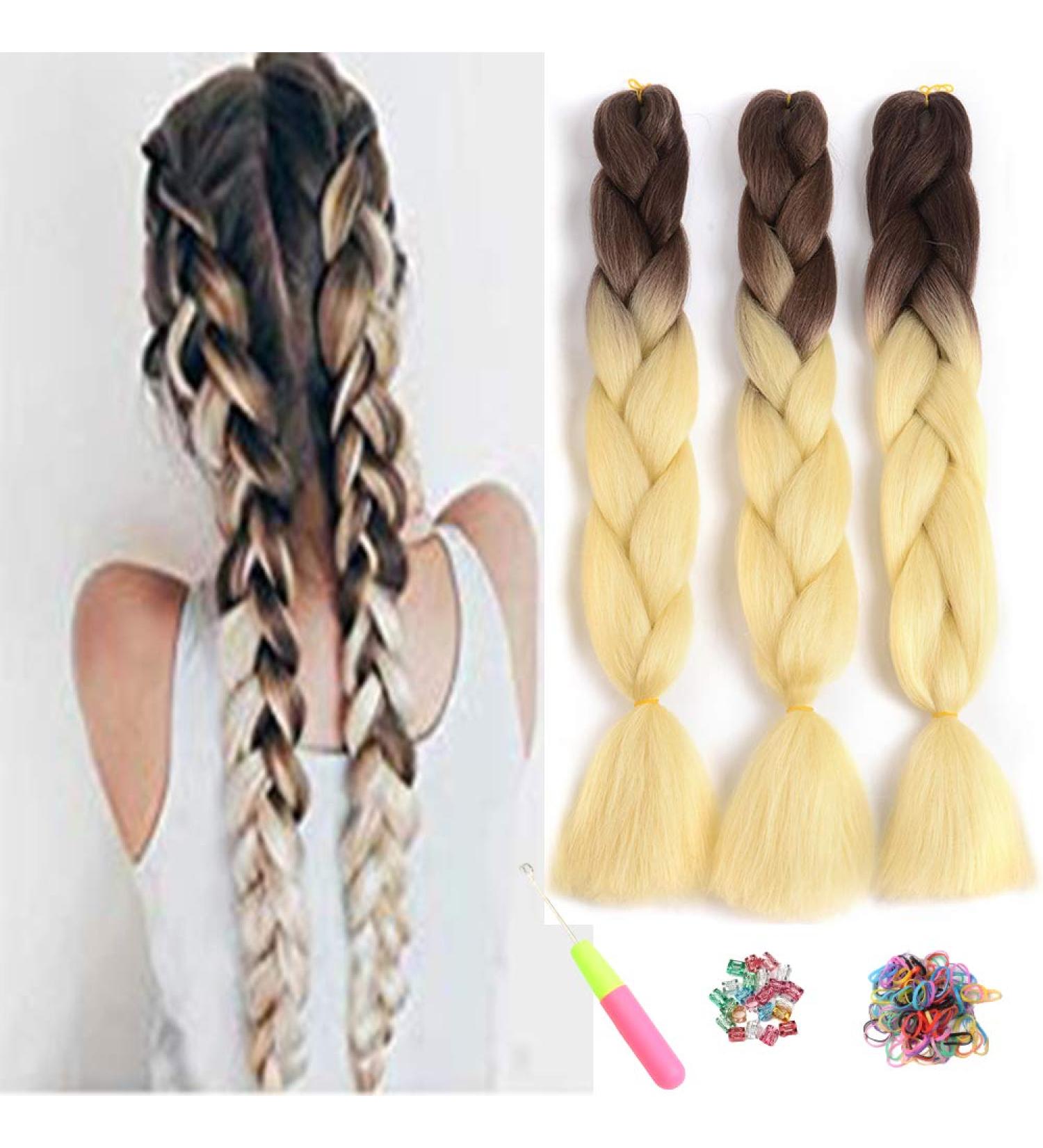 Showjarlly Kanecalon Hair Extensions - Ombre Jumbo Braid 24 Kanecalon Braids 3-Pack African Hair - Brown/Creamy White - Buy Online on GoSupps.com