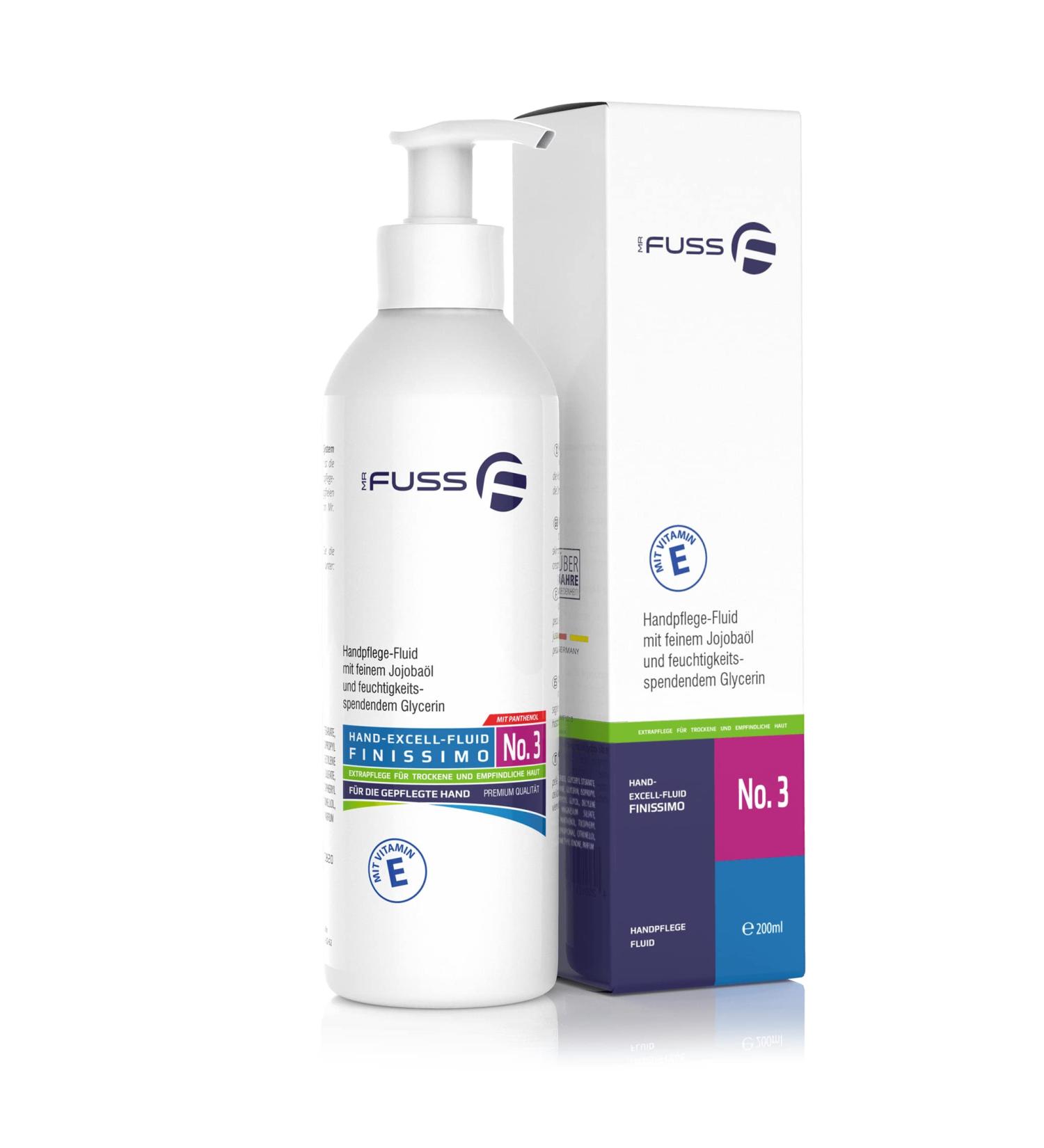 Mr. Fuss Hand Cream for Dry Hands - Unisex Hydrating Fluid with Jojoba Oil Glycerin & Vitamin E - 200ml Pump Dispenser - Buy Online on GoSupps.com
