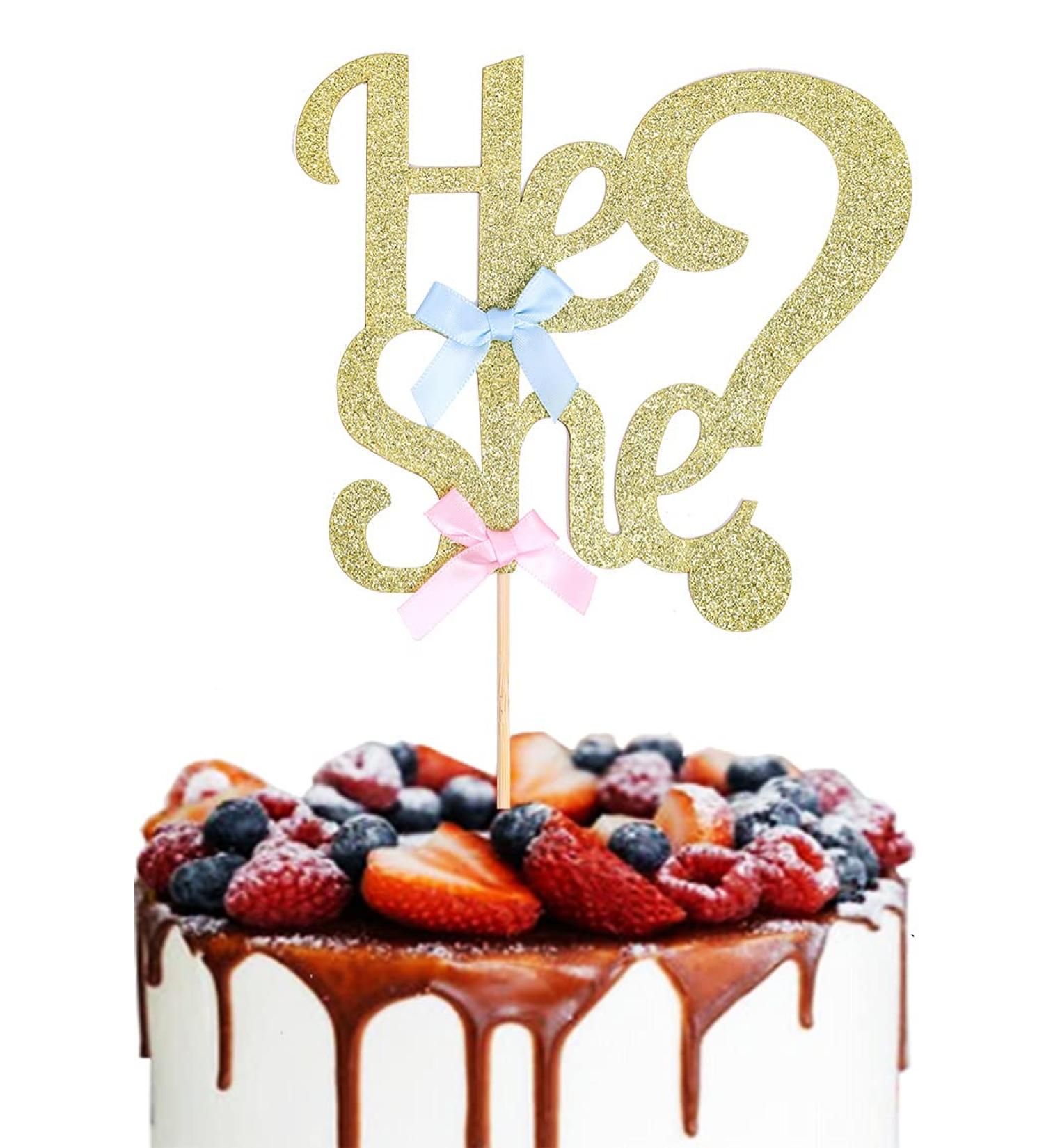 He or She Cake Topper Gold Glitter Gender Reveal Topper with Pink Blue Bows for Baby Shower Gender Reveal Party Decorations by Topfunyy - Buy Online on GoSupps.com