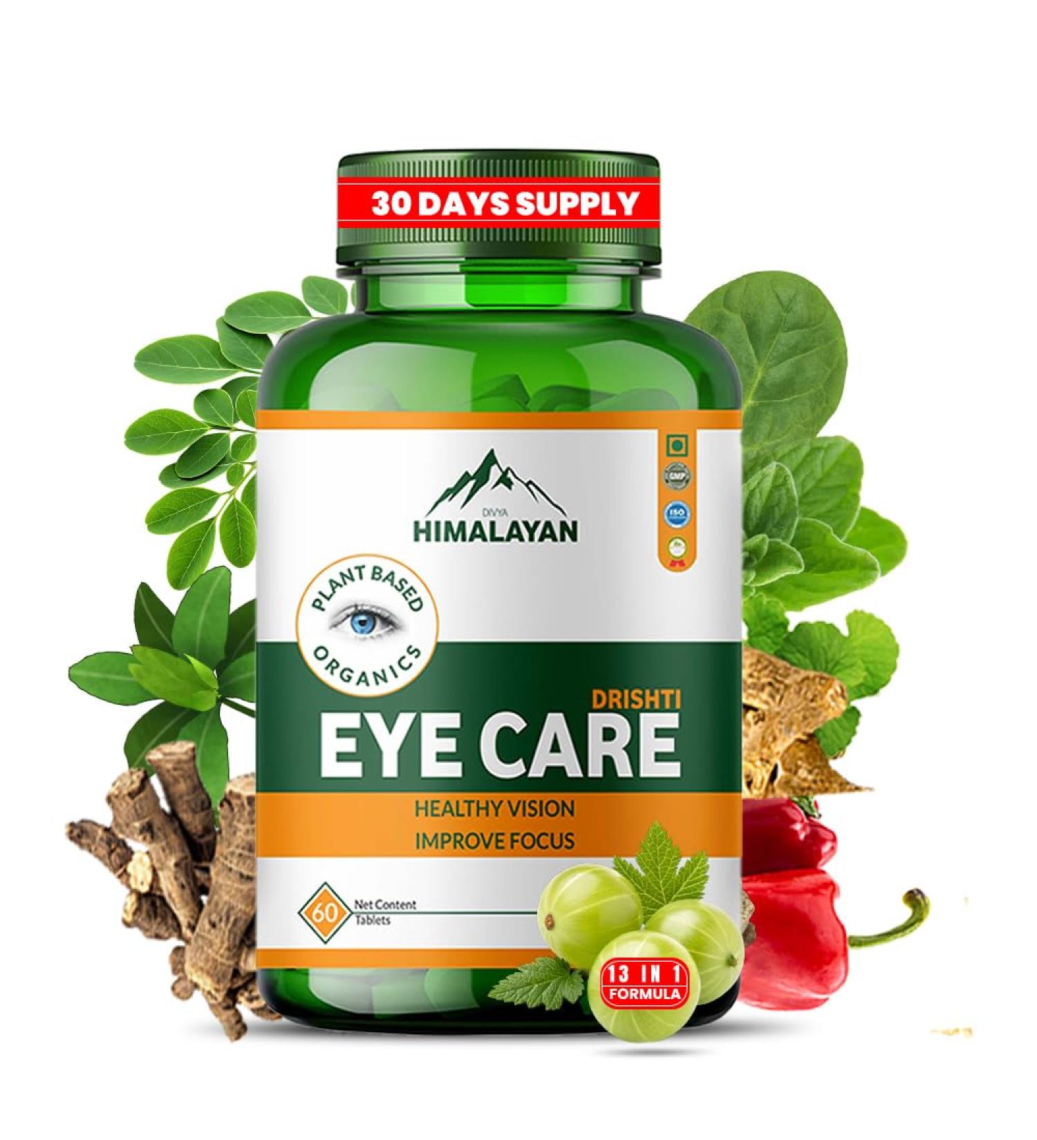 Divya Himalayan 13 Herbs Eye Support Supplement with Lutein & Zeaxanthin Plant-Based Eye Vitamins for Seniors & Adults all natural eye Supplements for Clear Vision Retinal & Macular Health 60 Tablets - Buy Online on GoSupps.com