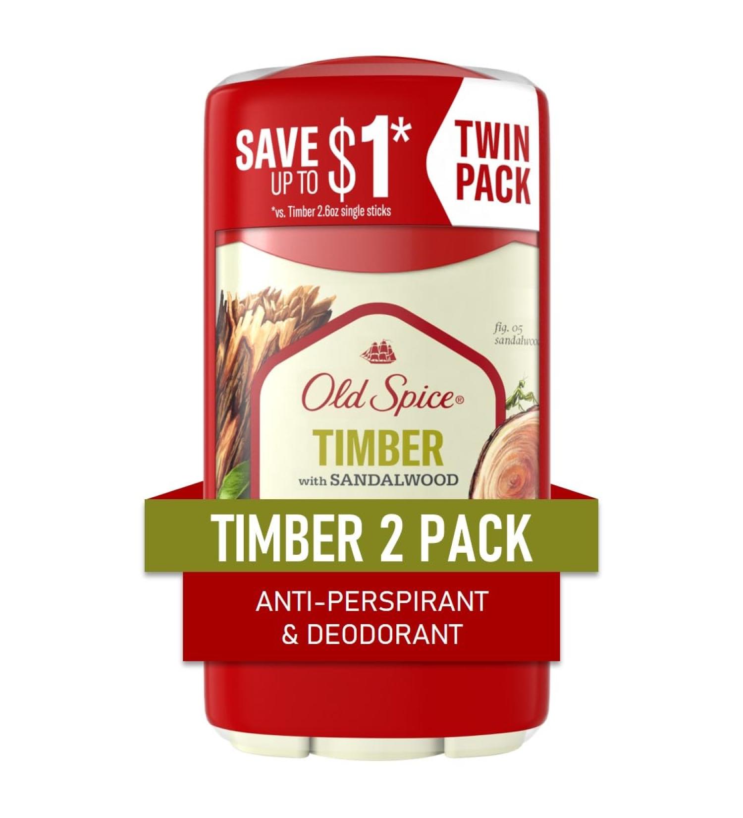 Old Spice Antiperspirant and Deodorant for men 24/7 Sweat and Odor Protection Timber with Sandalwood Scent Invisible Solid Stick Twin Pack 2 x 2.6oz