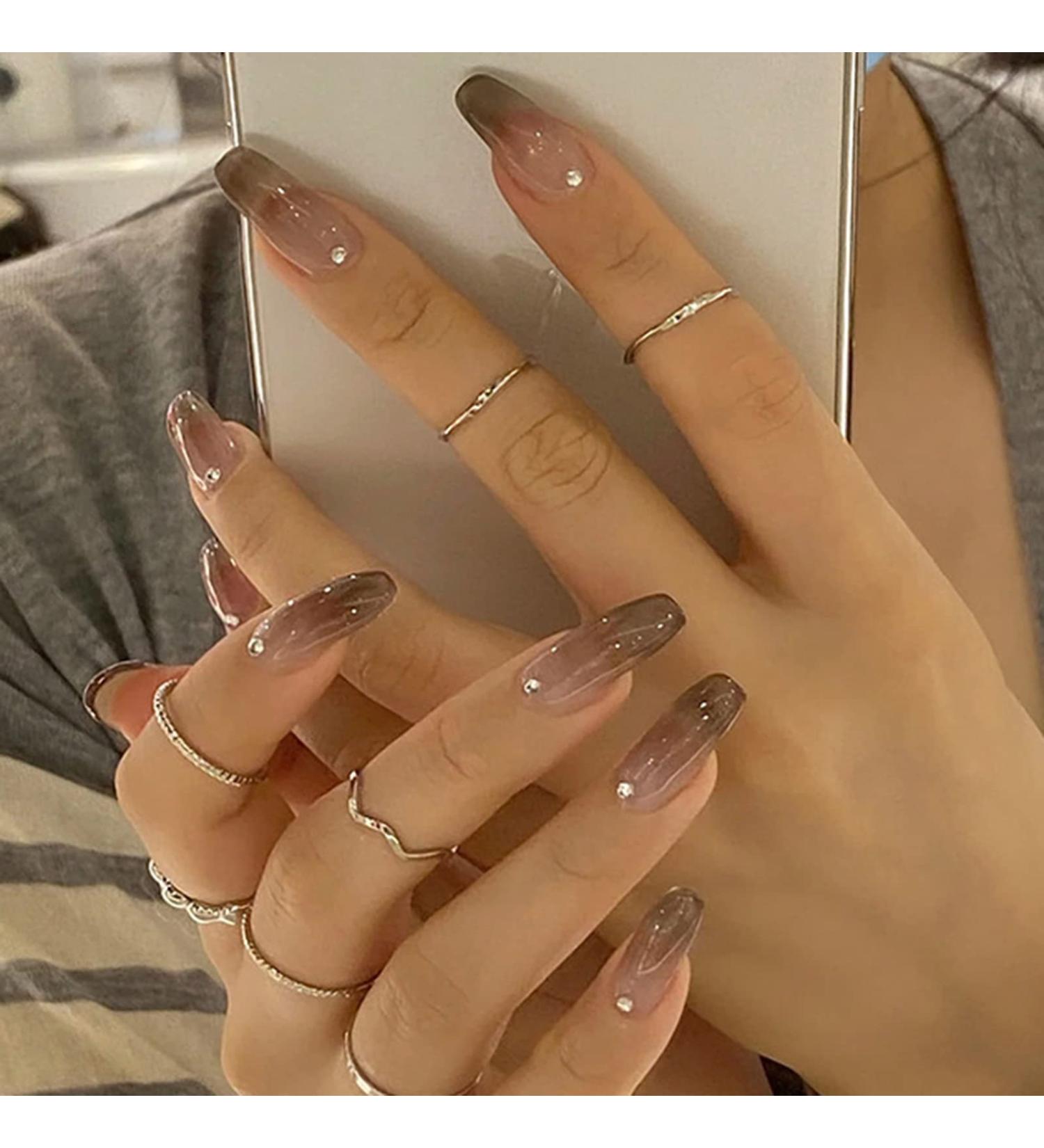 FULZTEY French Glossy Brown Gray Coffin Press on False Nails - 24Pcs Medium Diamond Full Cover Acrylic Fake Nail Tips for Women - Buy Online on GoSupps.com