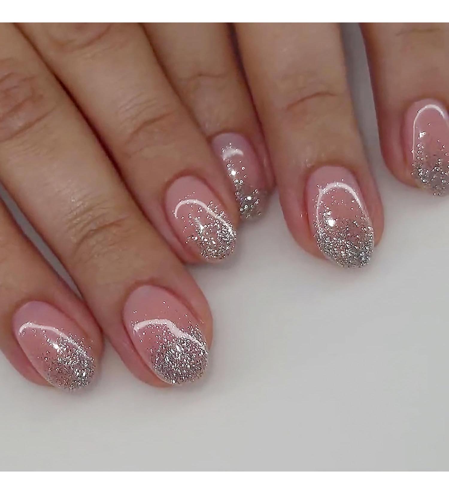 24 Pcs Short Pink Press On Nails with Silver Glitter - Full Cover Oval Artificial Acrylic Nail Art for Women & Girls - Buy Online on GoSupps.com