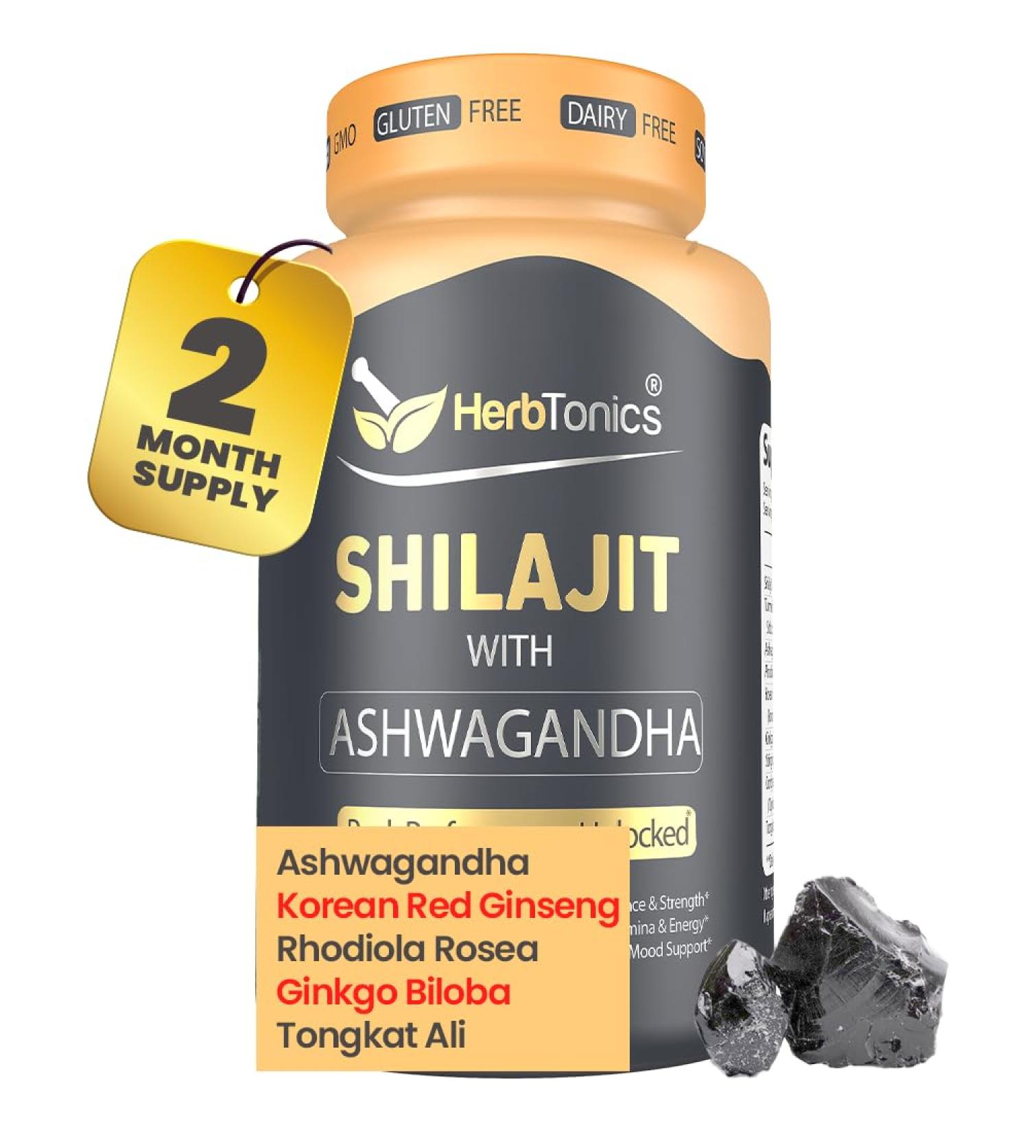 Herbtonics Shilajit for Men & Women with Ashwagandha Korean Red Ginseng Rhodiola Rosea Ginkgo Biloba Tongkat Ali | Fulvic Acid & Trace Minerals for Stamina & Immunity | 60 Vegan Capsules - Buy Online on GoSupps.com