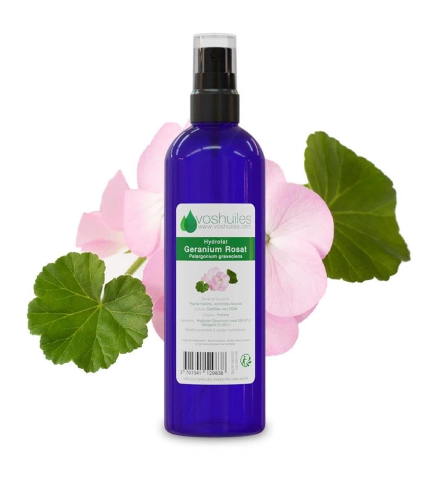 VOSHUILES - Hydrolat de G ranium Rosat COSMOS - Eau Florale quilibrante et Apaisante - Distillation de Sommit s Fleuries - Origine France - 200ml - Buy Online on GoSupps.com