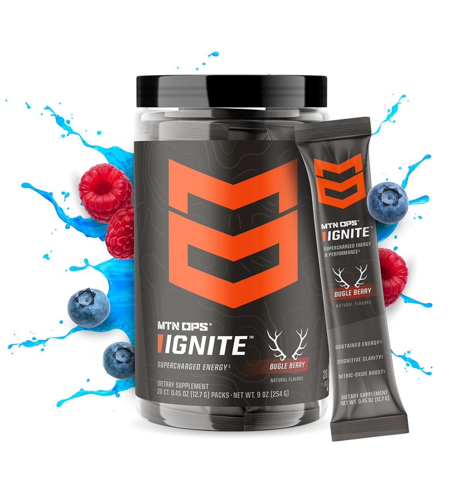 MTN OPS Ignite Trail Packs - Supercharged Energy & Focus Drink Mix | BCAA & Nootropic Blend Gluten Free 200mg Caffeine 20 Servings - Bugle Berry - Buy Online on GoSupps.com