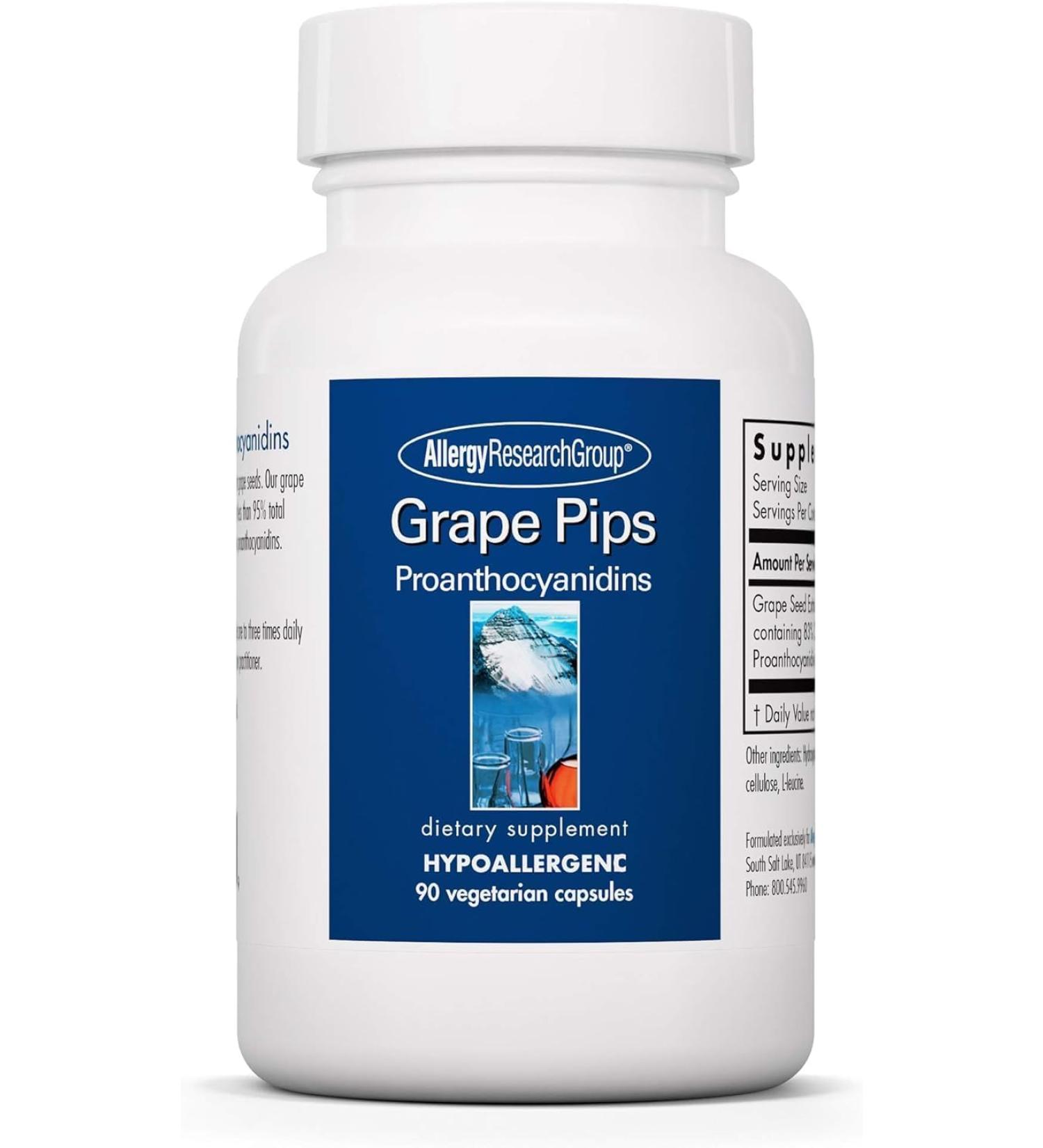Allergy Research Group Grape Pips - Grape Seed Extract Proanthocyanidins Polyphenols Herbal Supplement Organic 300mg Capsules - 90 Count - Buy Online on GoSupps.com
