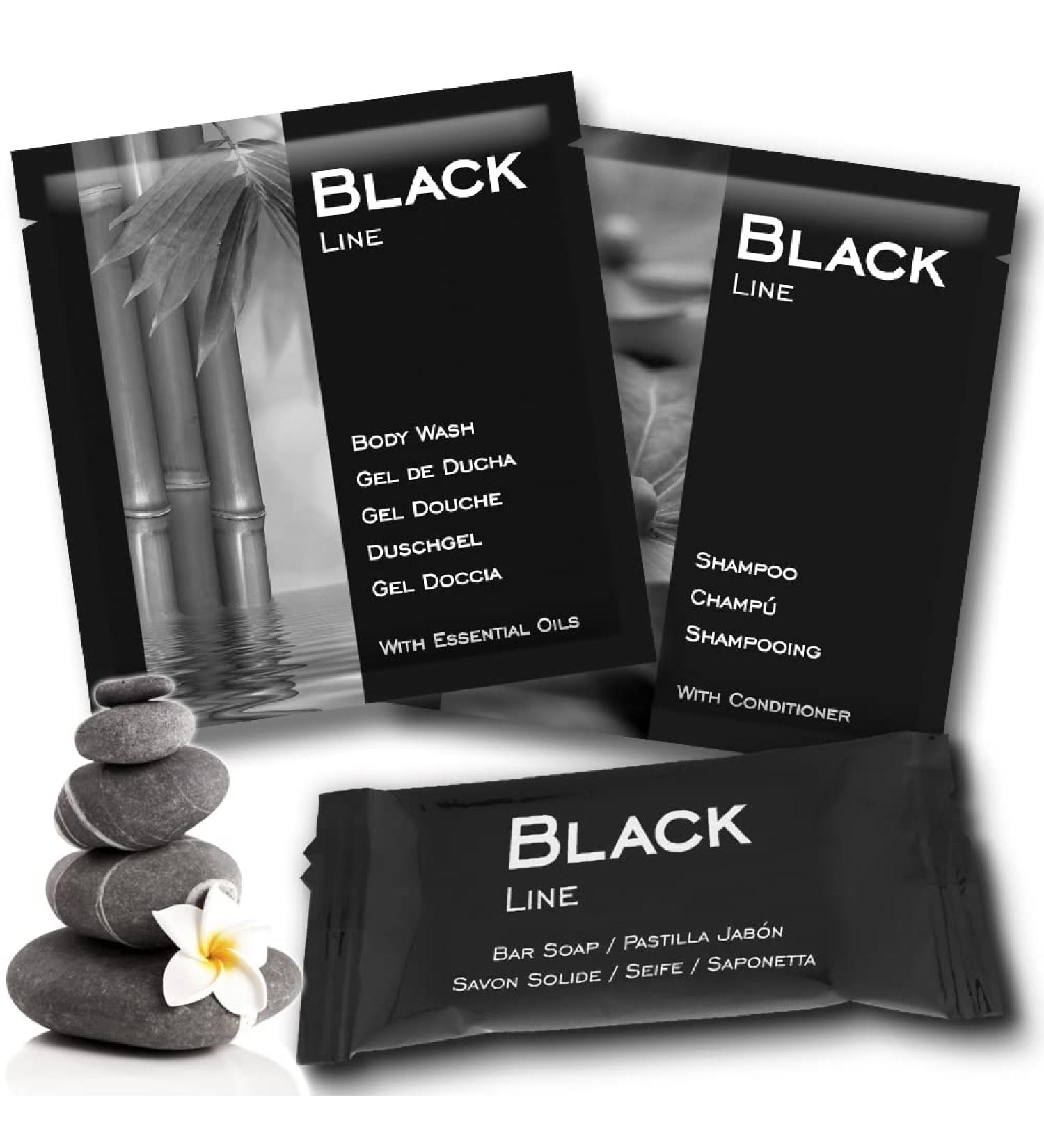 GPQ Hotel Amenities Set Black Line Kit Shower Gel + Shampoo + Soap Pack 100 Pieces x 3 Products Without Parabens Apartment Country House B&B Travel Guest House Cruise Made in Spain - Buy Online on GoSupps.com