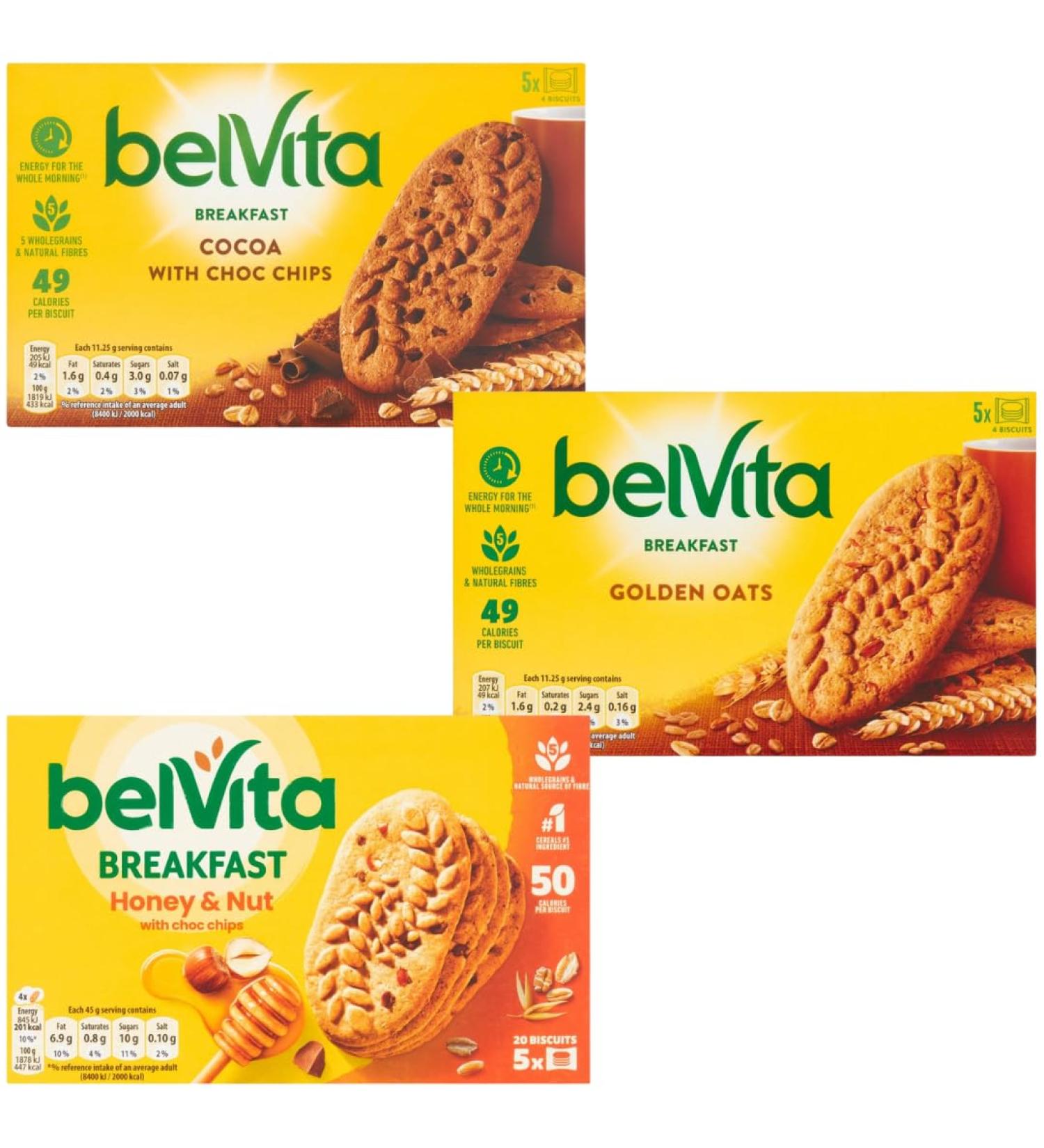 Breakfast Biscuits Bundle With Belvita Cocoa Choc Chips 5x45g Honey & Nuts Choc Chips 5x45g and Golden Oats 5x45g (3 Pack) - Buy Online on GoSupps.com