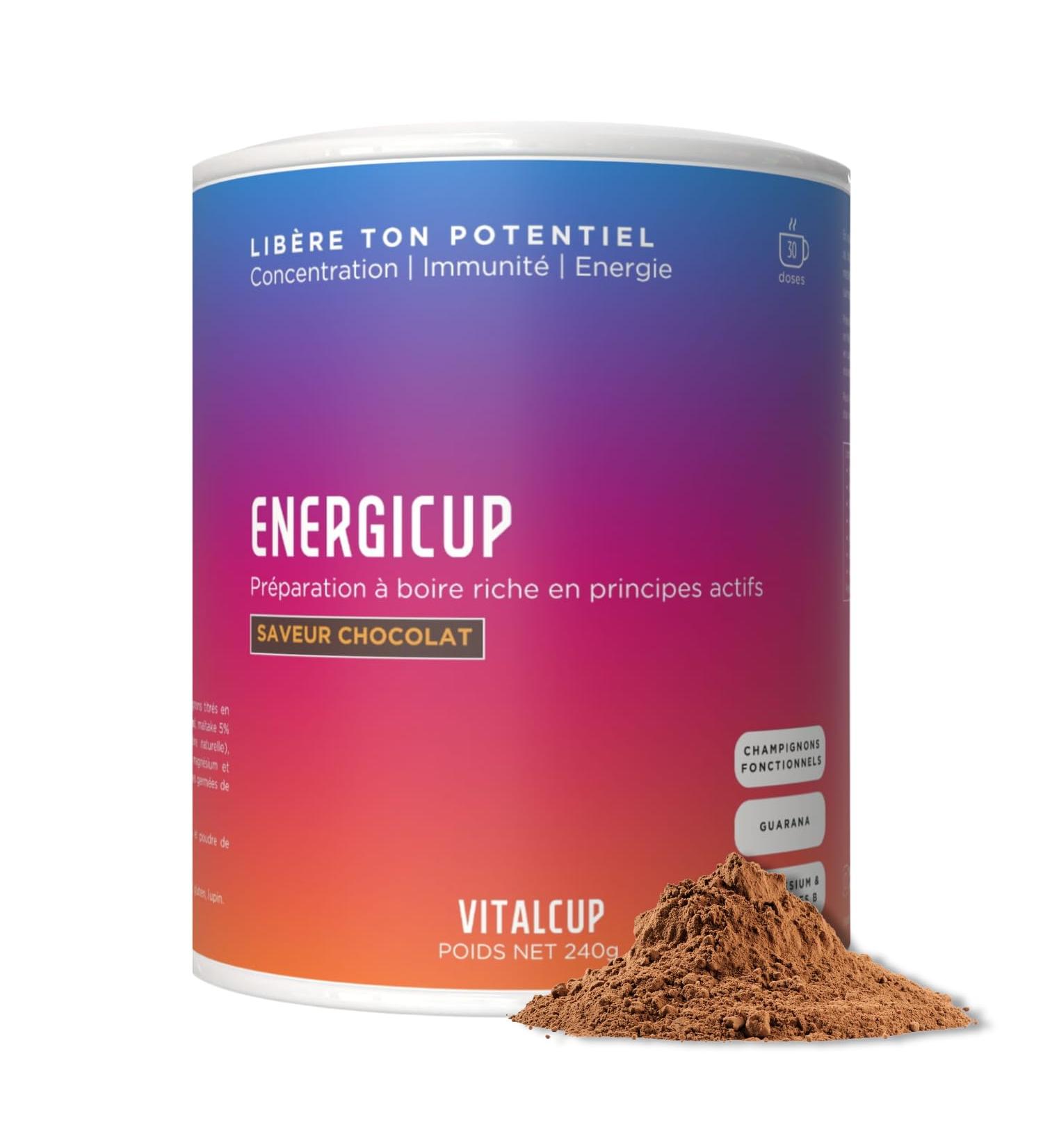 Energicup | Energizing drink preparation with guarana and adaptogenic mushrooms | Chocolate flavor | Concentration Immunity Energy | 240g 30 doses 1 month | Gluten-free | Made in France - Buy Online on GoSupps.com