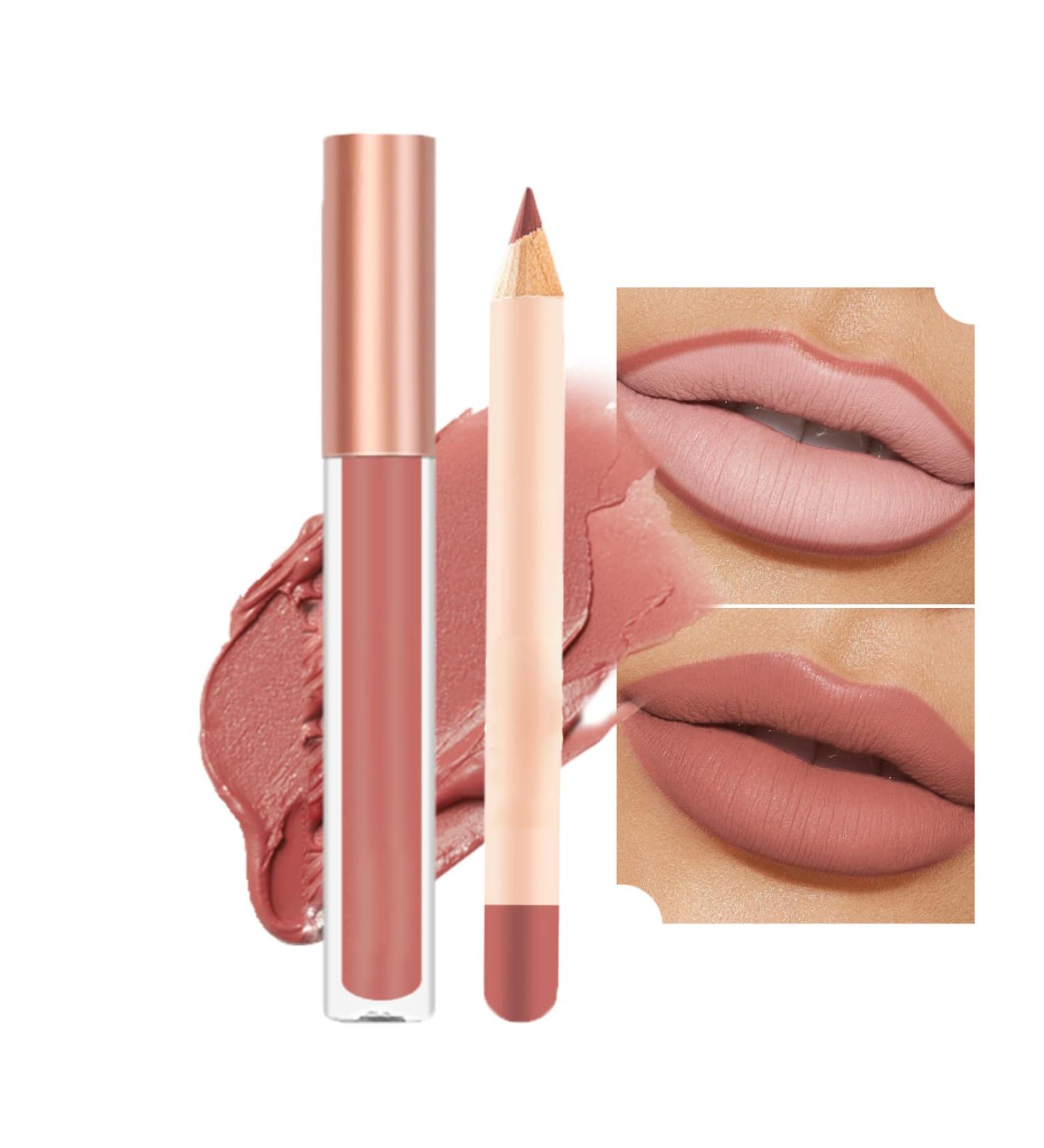 Nude Liquid Lipgloss & Lip Liner Set | Long Lasting & Waterproof Lip Stain | Highly Pigmented Lipstick & Lipliner Pencil | Daily Makeup Kit (07) - Buy Online on GoSupps.com