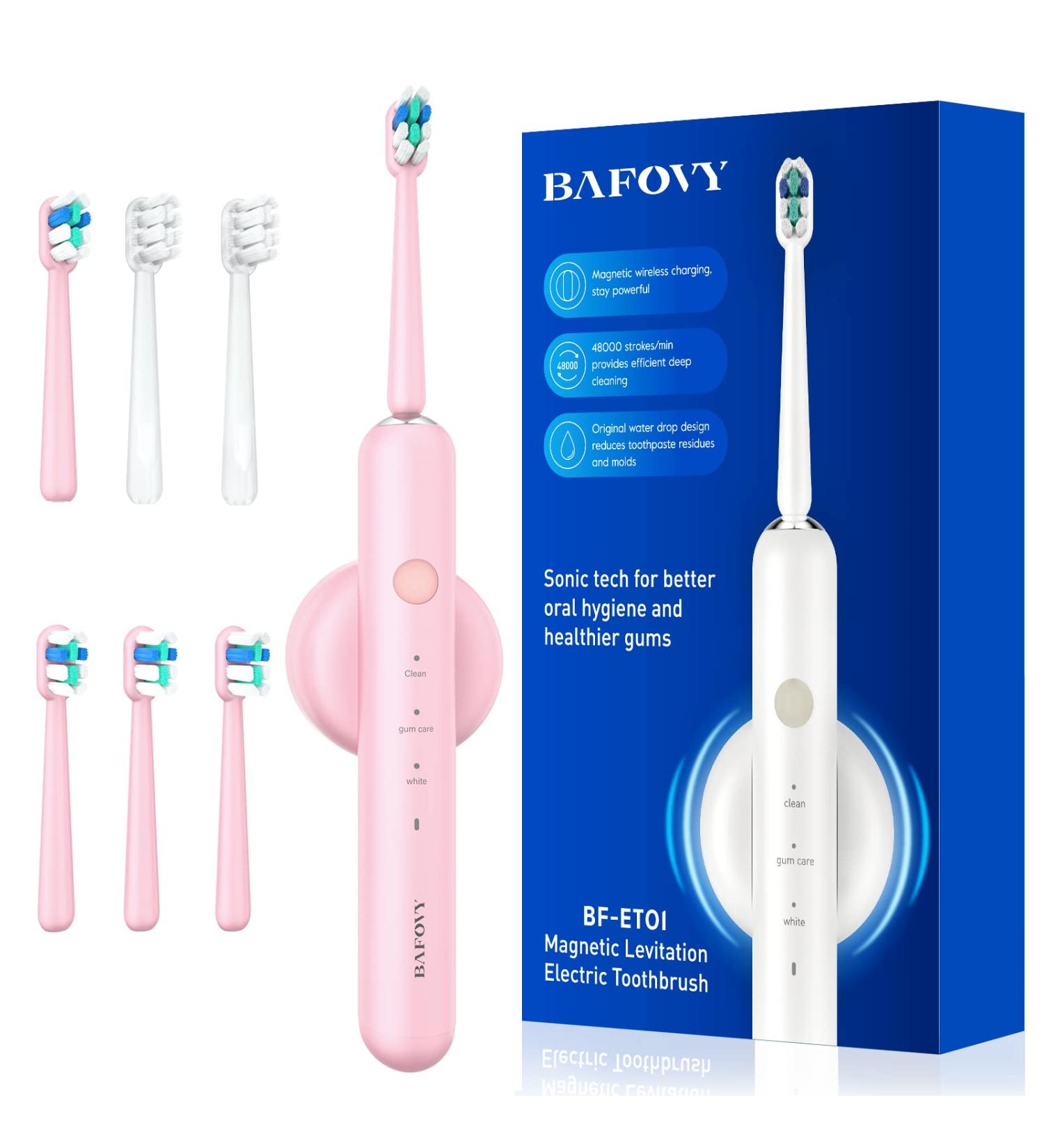BAFOVY Sonic Electric Toothbrush for Adults - 48000 VPM Deep Cleaning with Magnetic Wireless Charger - 6 Brush Heads, 3 Modes & Smart Timer - Pale Pink - Buy Online on GoSupps.com