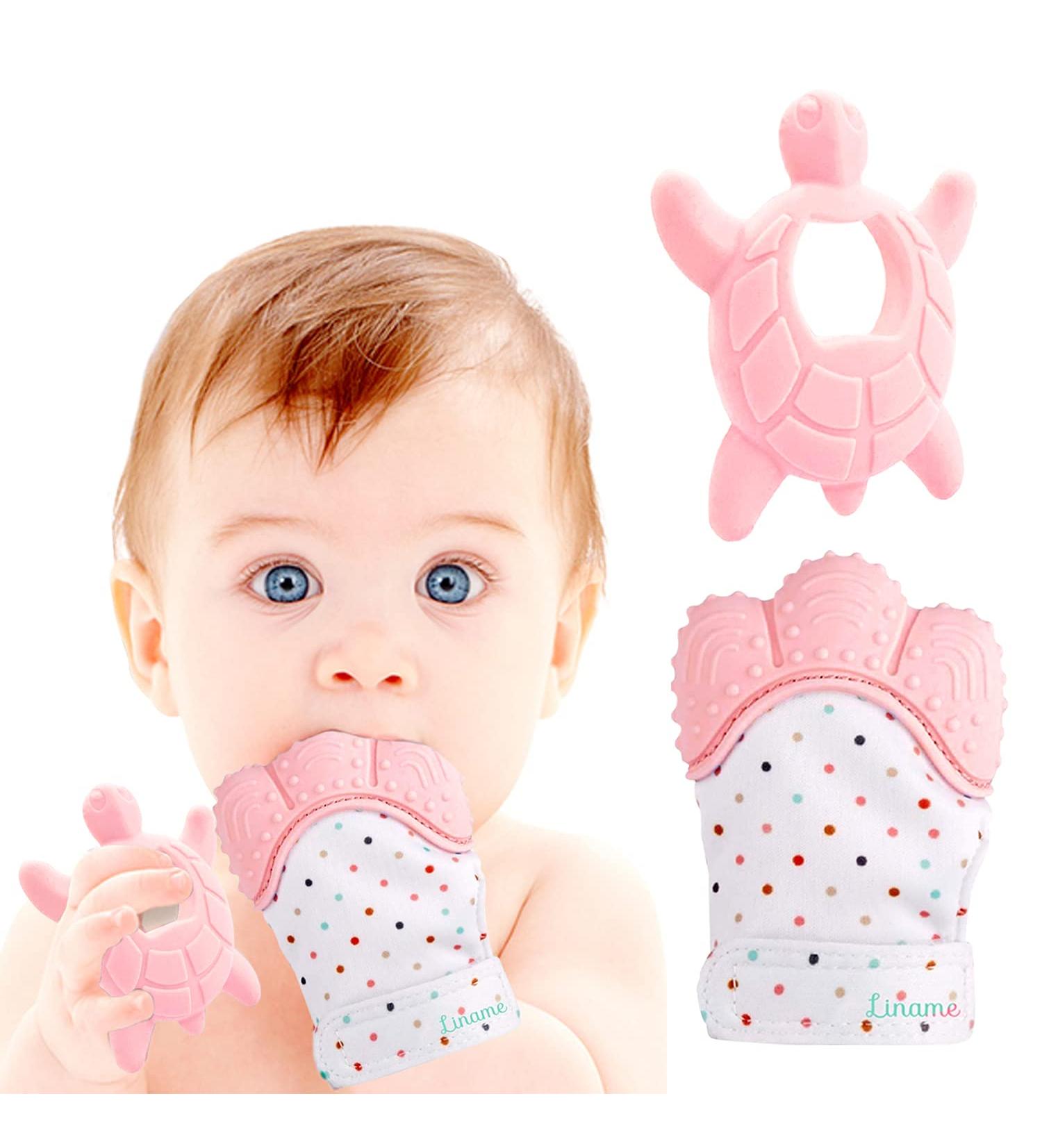 Liname Baby Glove Teething Feasts - BPA Free Washable & Durable - Includes Bonus Teething Ring - Pink - Buy Online on GoSupps.com