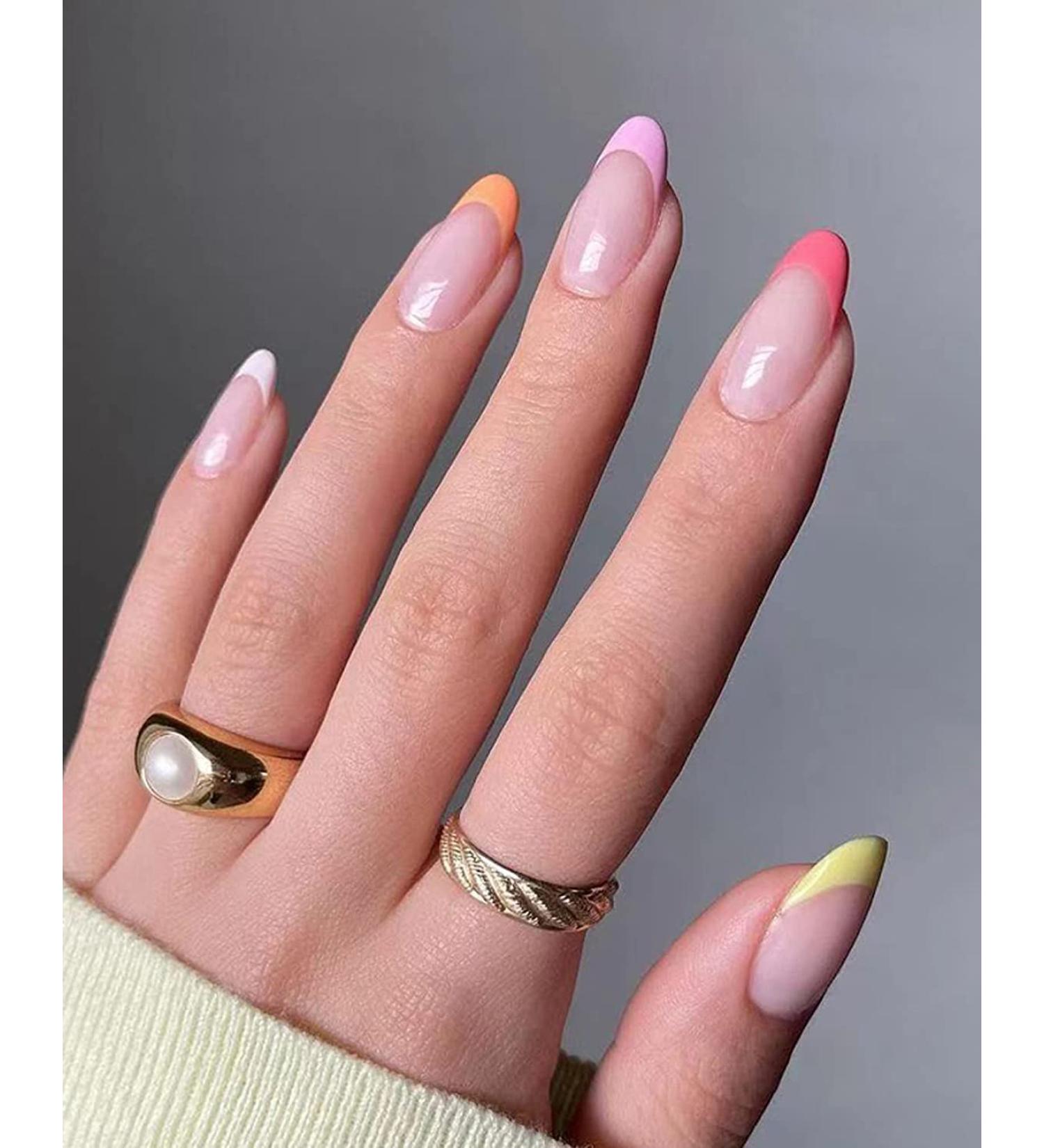 Justotry 24 PCs Rainbow French Nails - Press-On Oval & Almond Fake Nails with Glue | Medium Nail Art for Women - Buy Online on GoSupps.com