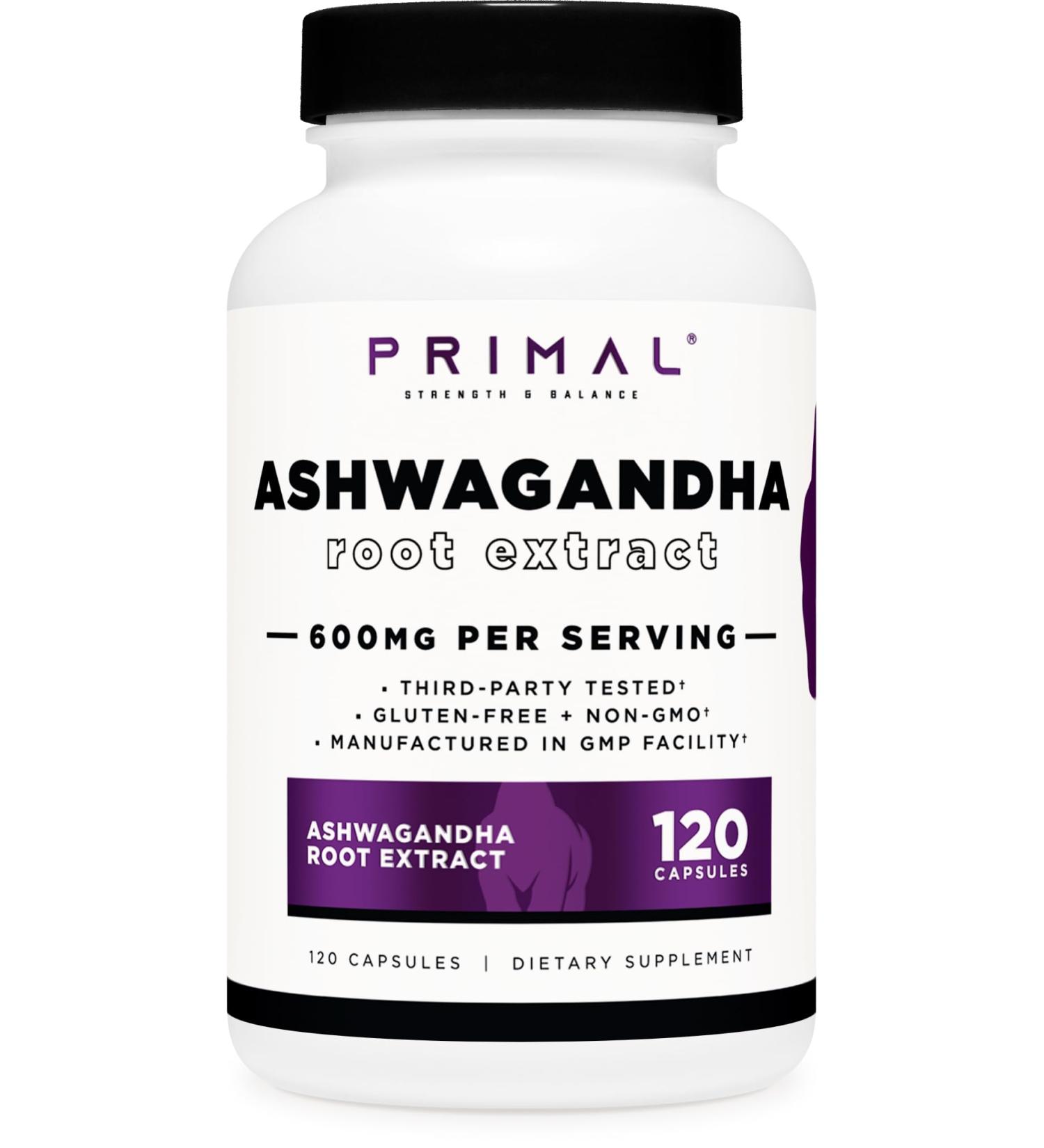 Primal Ashwagandha Root Extract 120 Capsules 600mg per Serving - Gluten-Free GMO-Free - Buy Online on GoSupps.com