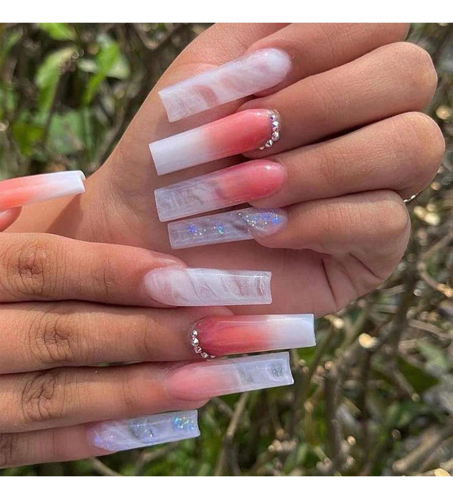Long Coffin Press on Nails with Rhinestone and Marble Designs - Pink Gradient Change False Nails - 24PCS - Buy Online on GoSupps.com