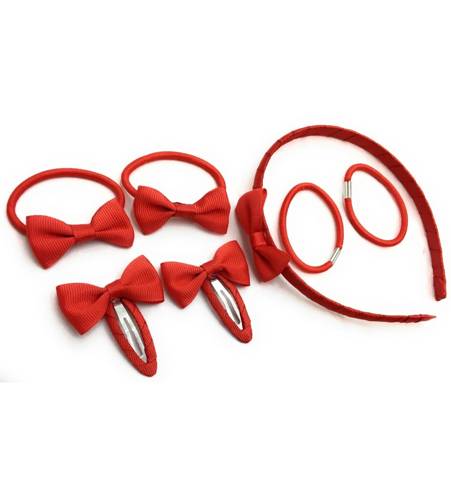 7 PIECE SCHOOL COLOURS Hair Bow Snap Clips SET ALICE BAND PONIOS PonyTail Holder Headband - Red