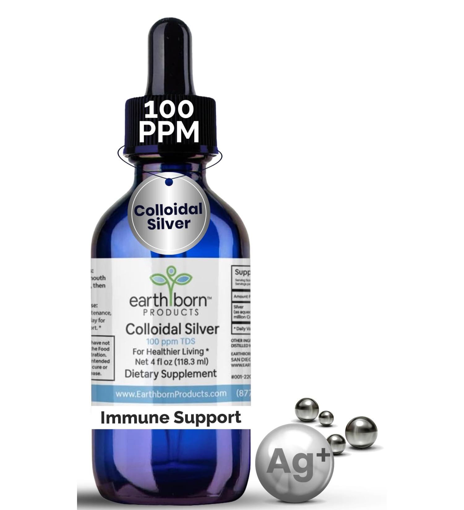 Earthborn Colloidal Silver Liquid (4oz) 100 PPM & 99.999% Pure Monatomic Silver Water - Natural Plata Colloidal Supplement for Immune Support Unflavored Glass Bottle 4 Fl Oz (Pack of 1) - Buy Online on GoSupps.com