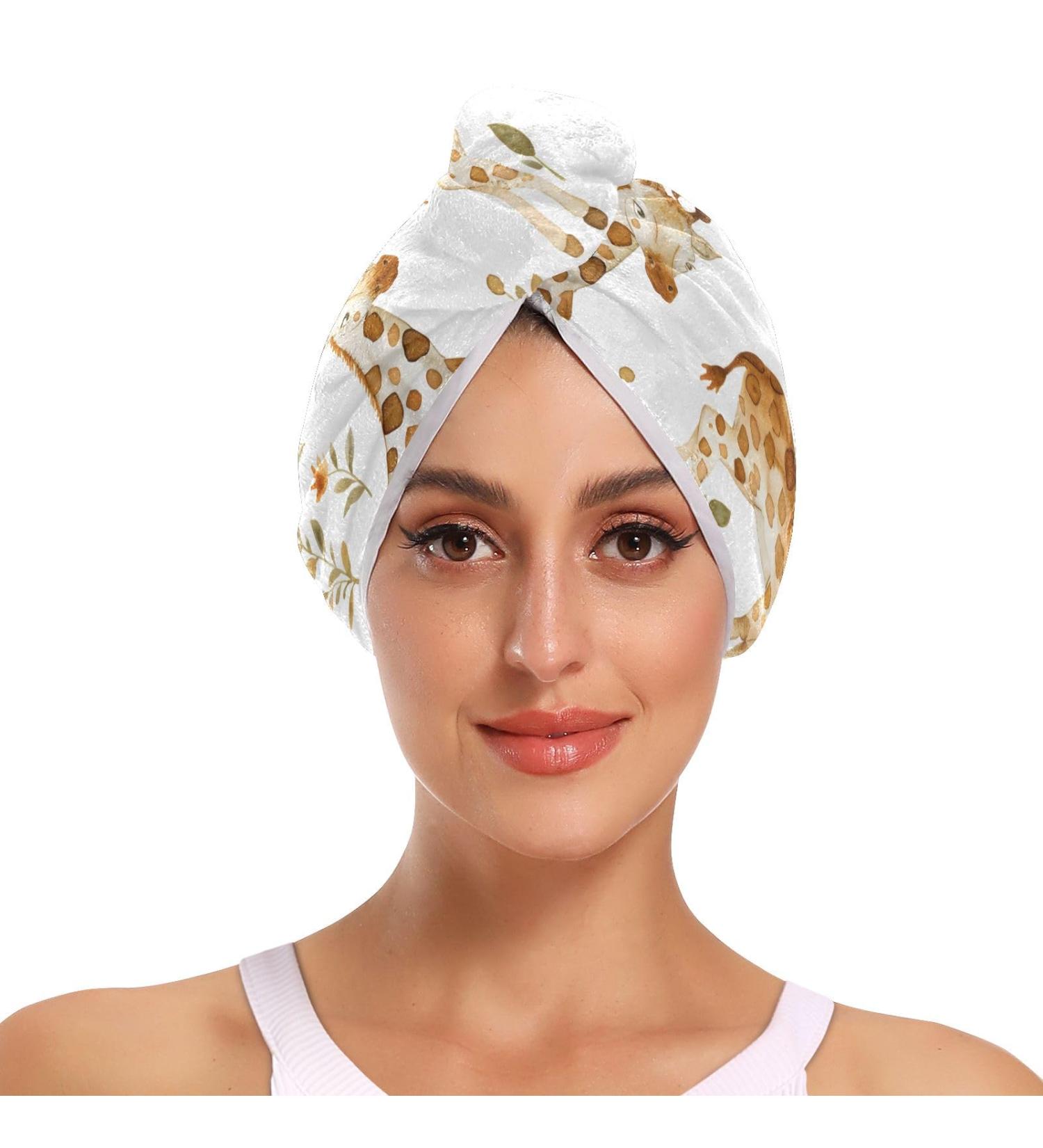 Watercolor Giraffe Hair Towel 2 Pack - Super Absorbent Quick Dry Hair Turbans for Women & Girls - Perfect Hair Drying Solution - Buy Online on GoSupps.com